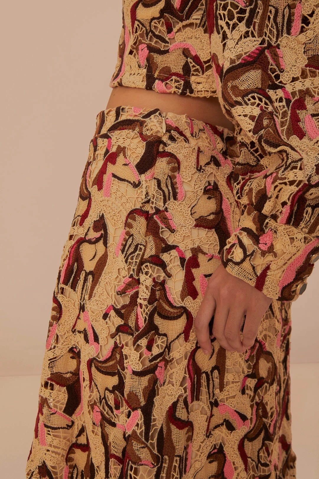 Cozy Edge Cream Horses Guipure Midi Skirt