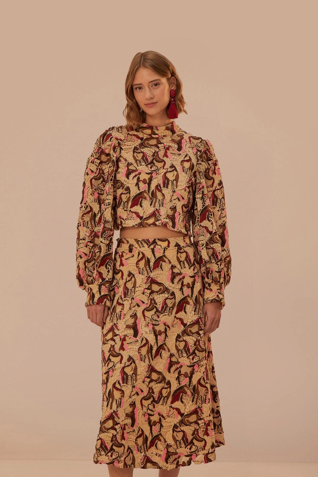 Ethically Made Refined Mood Cream Horses Guipure Midi Skirt