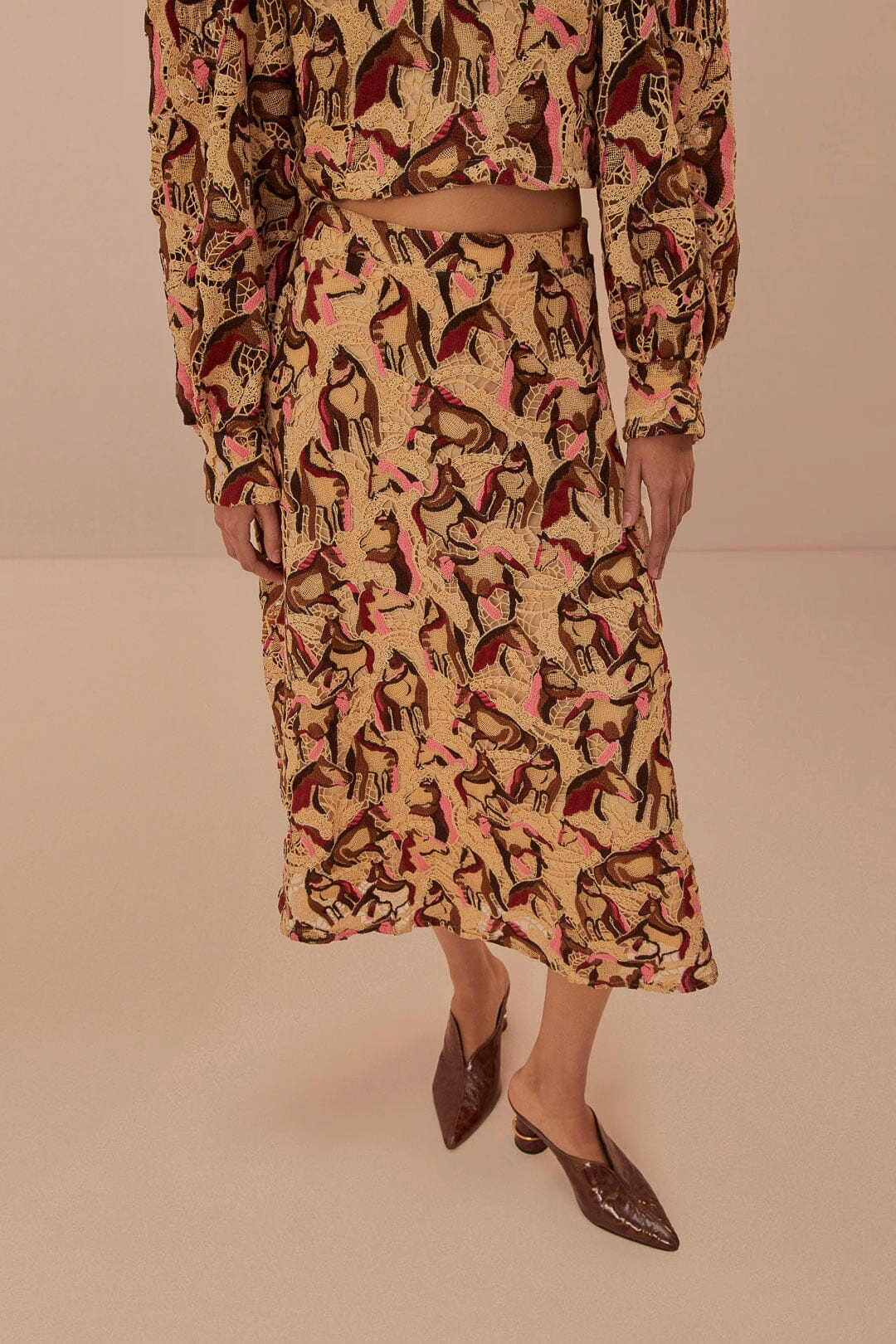 Flexible Comfort Linen Cotton Mix Cream Horses Guipure Midi Skirt