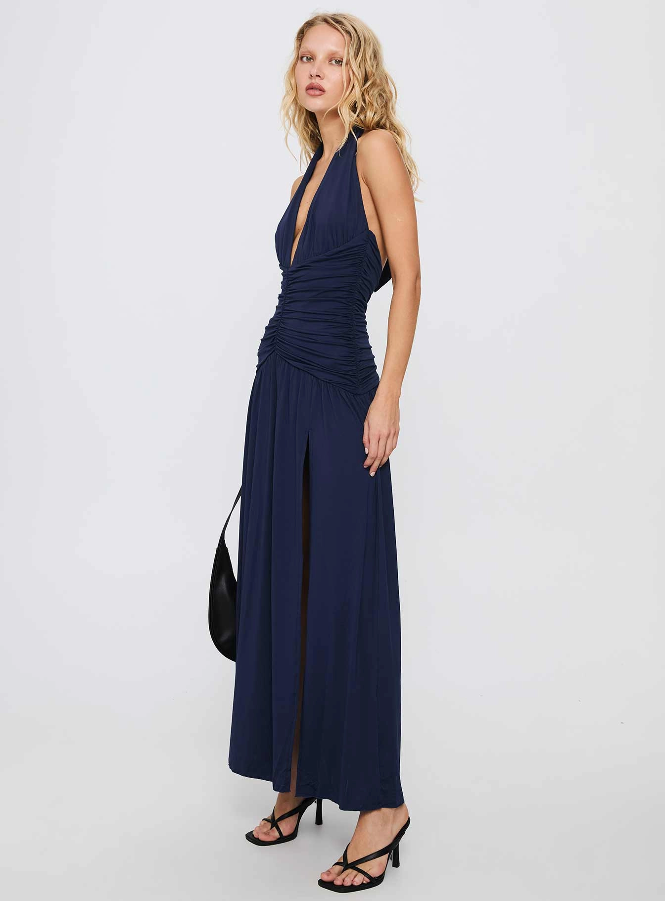 Diona Halter Ruched Maxi Dress Navy Dew Tone Cozy Base