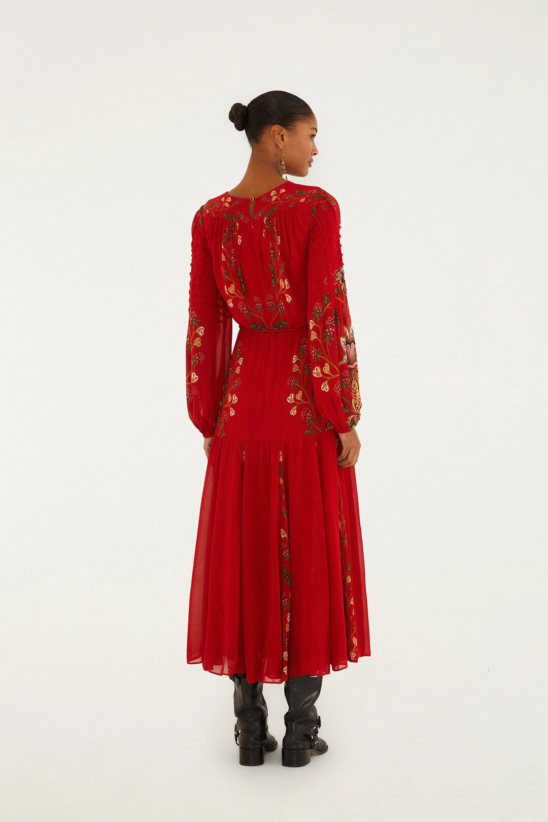 Red Berry Garden Long Sleeve Pleated Maxi Dress Versatile Cut Garden-Party A Line Cut
