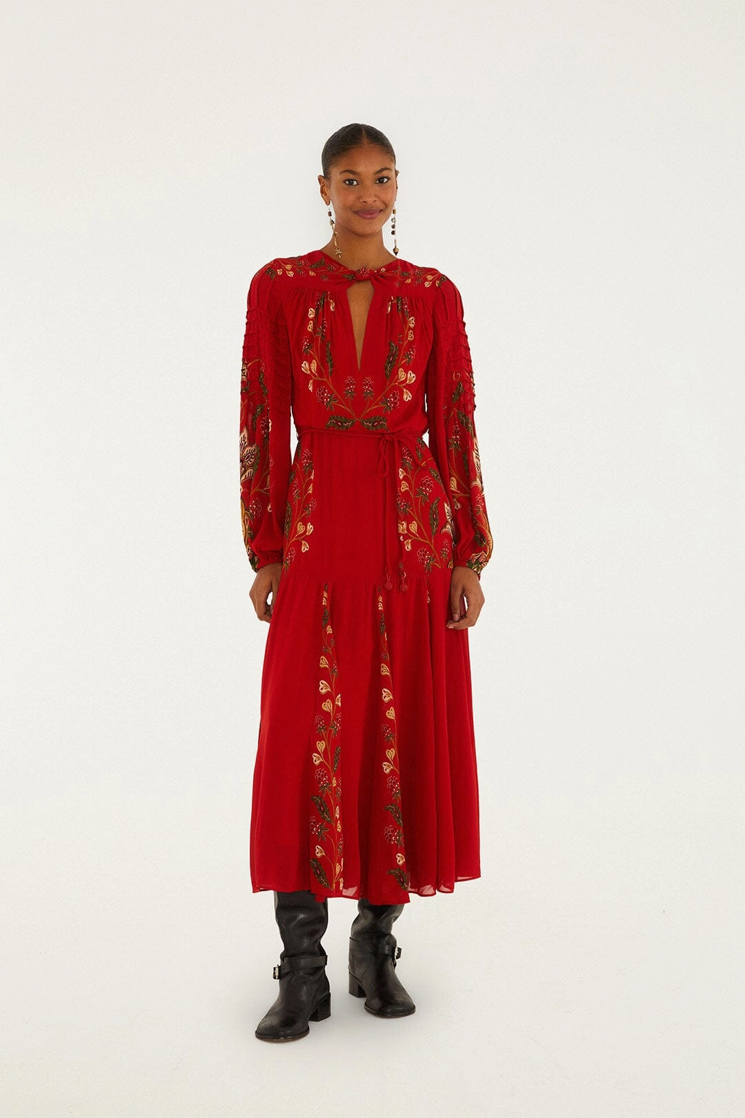 Minimal Aesthetic Shared Glow Red Berry Garden Long Sleeve Pleated Maxi Dress Versatile Cut