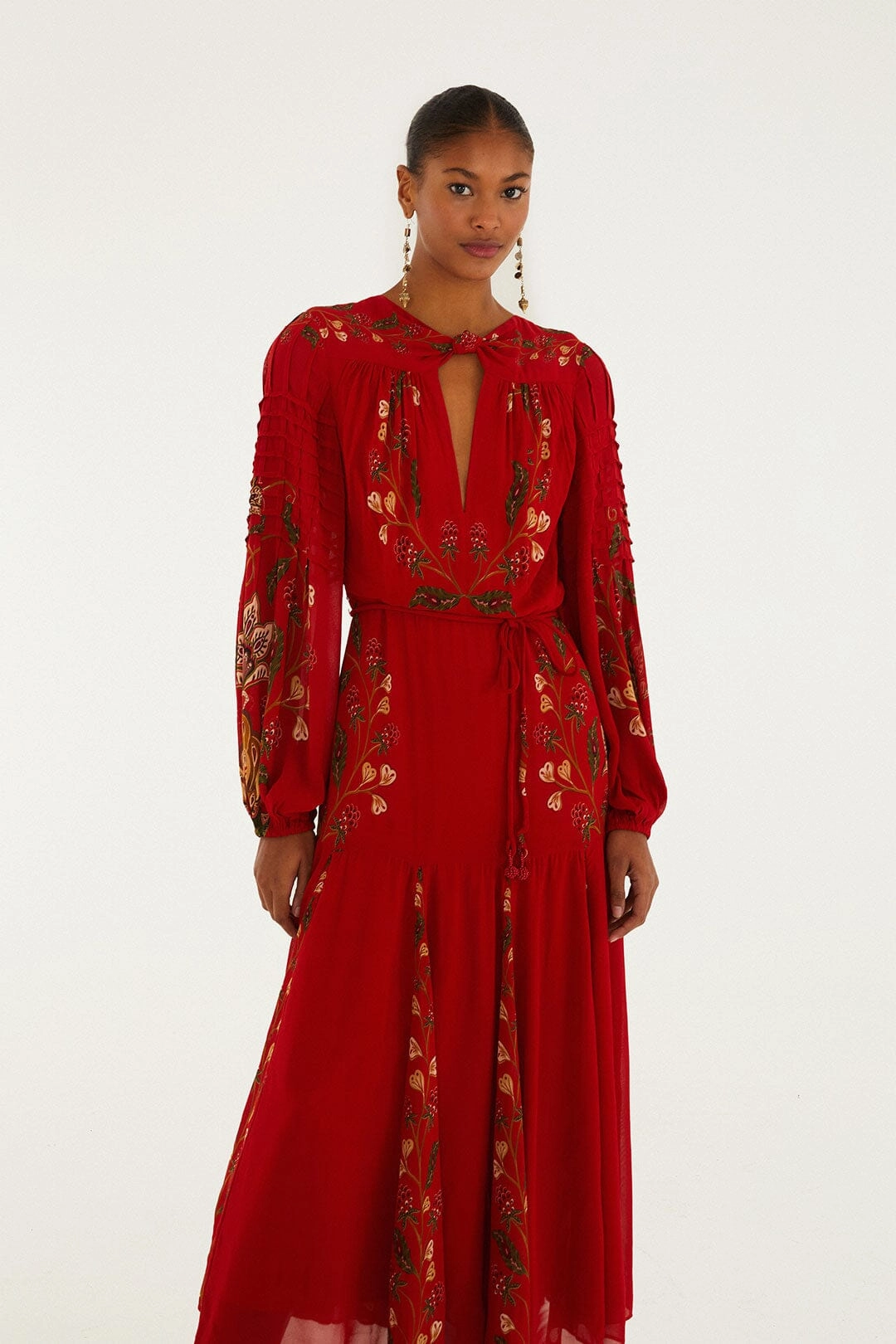 soft fit Red Berry Garden Long Sleeve Pleated Maxi Dress Versatile Cut
