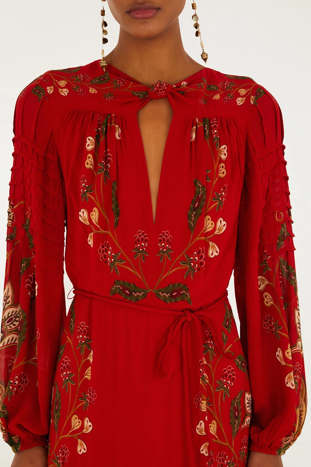 Functional Fit Red Berry Garden Long Sleeve Pleated Maxi Dress Versatile Cut