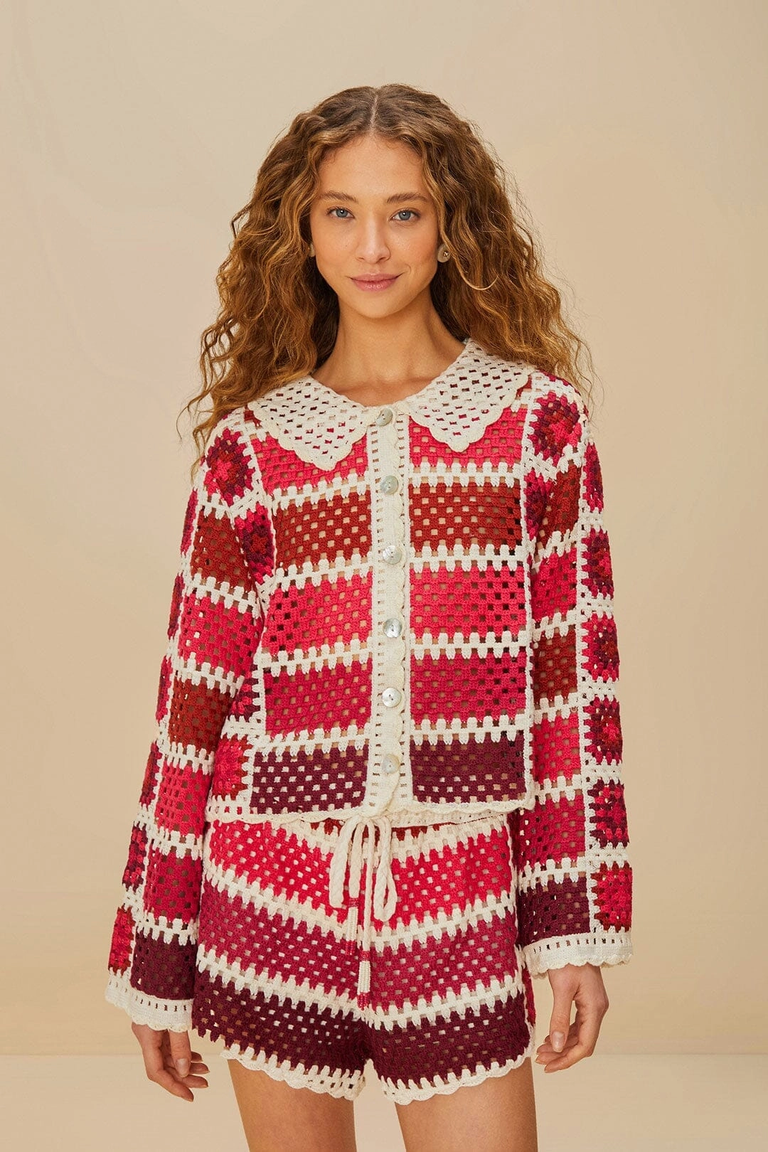 Color Variety Plus Size Red Colorful Crochet Tiles Shorts