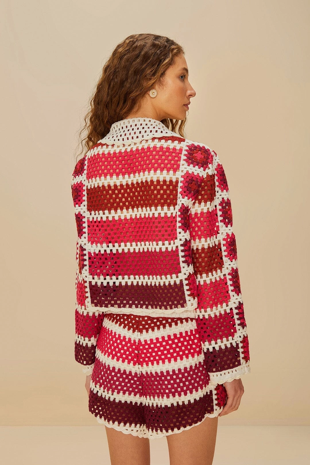 Red Colorful Crochet Tiles Shorts Ergonomic Panel Design Elastic Waistband Design