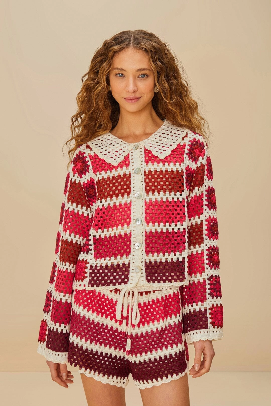 Pajamas EcoFriendlyMaterials Red Colorful Crochet Tiles Shorts