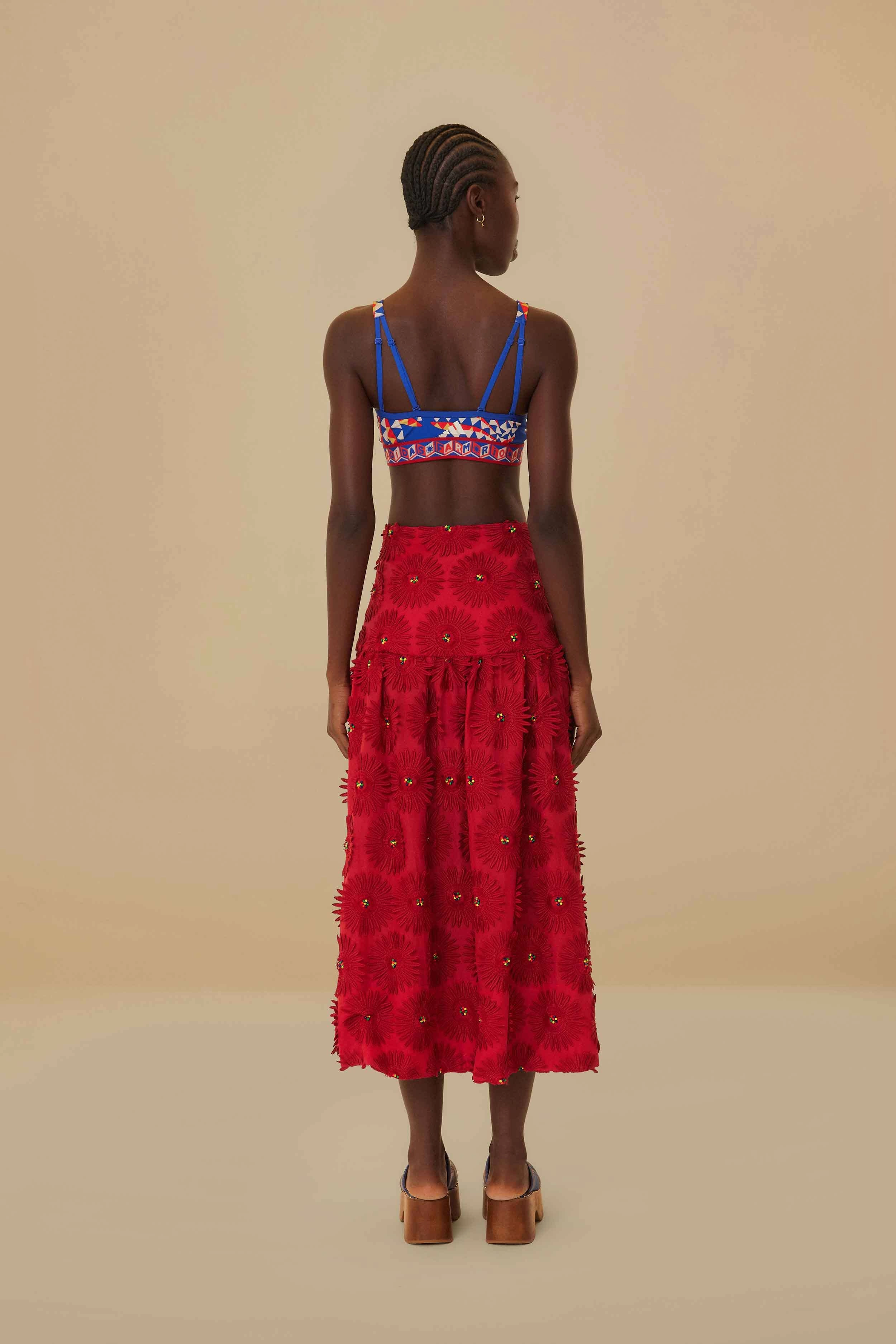 Corduroy texture Red Daisy Flower Midi Skirt