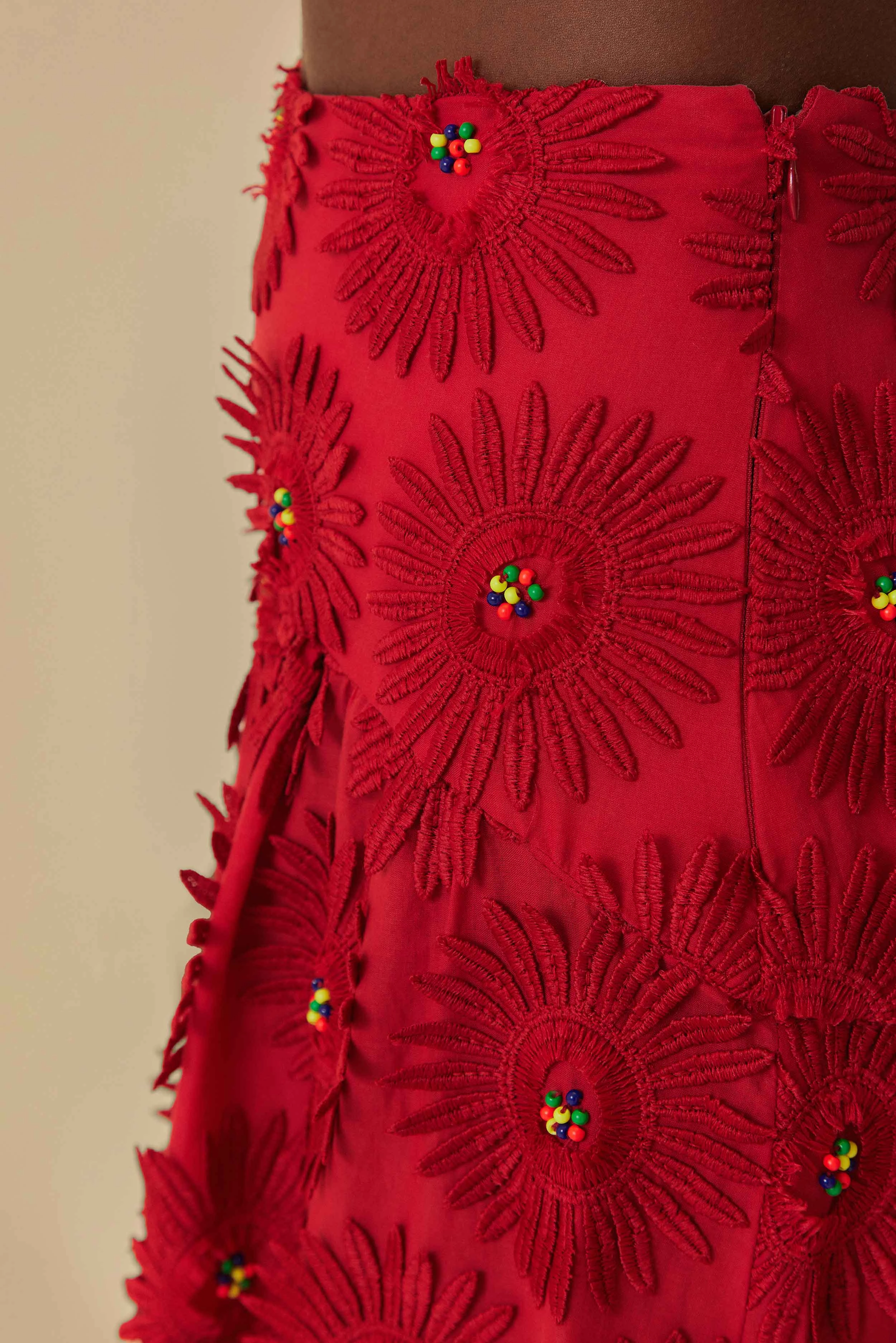 Red Daisy Flower Midi Skirt Refined Mood beaded embellishment