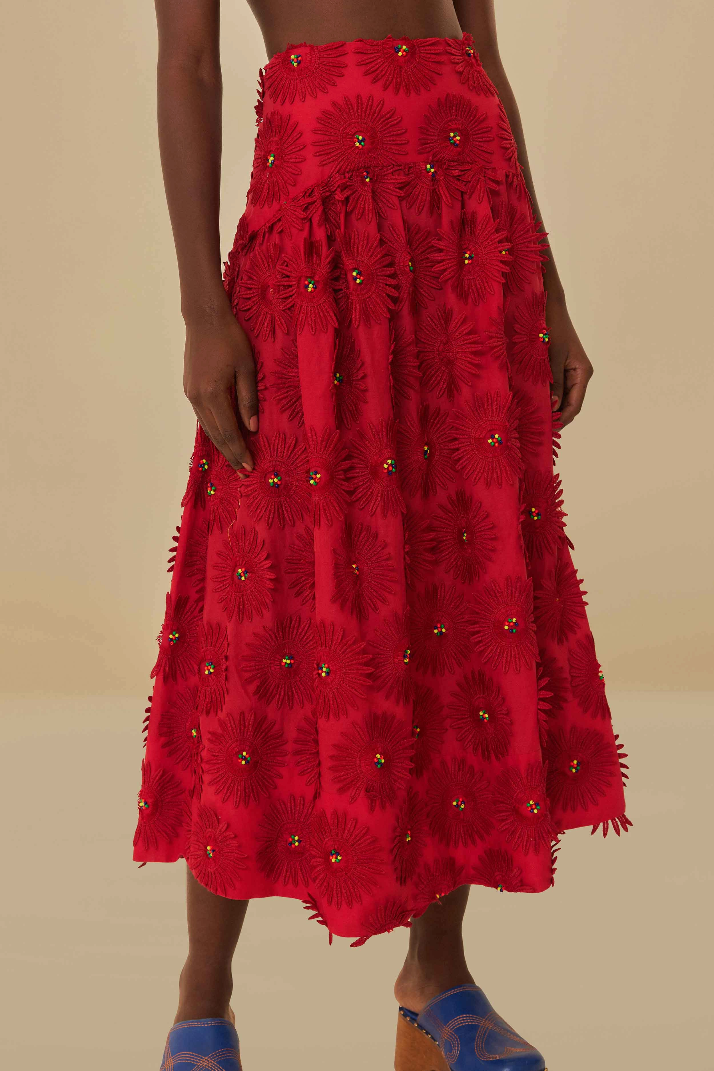Red Daisy Flower Midi Skirt Ankle length Foil Print