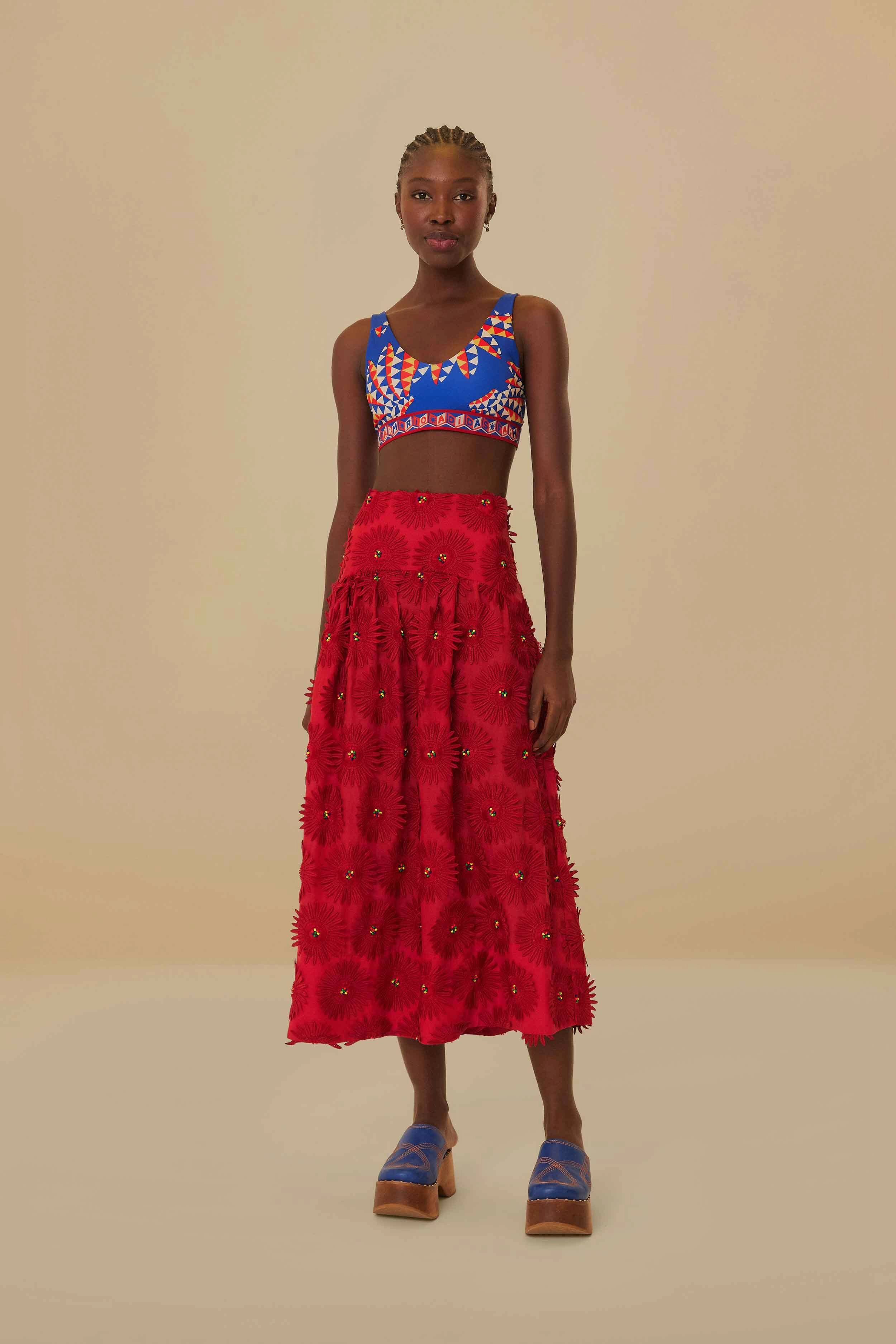 Red Daisy Flower Midi Skirt Bold Statement