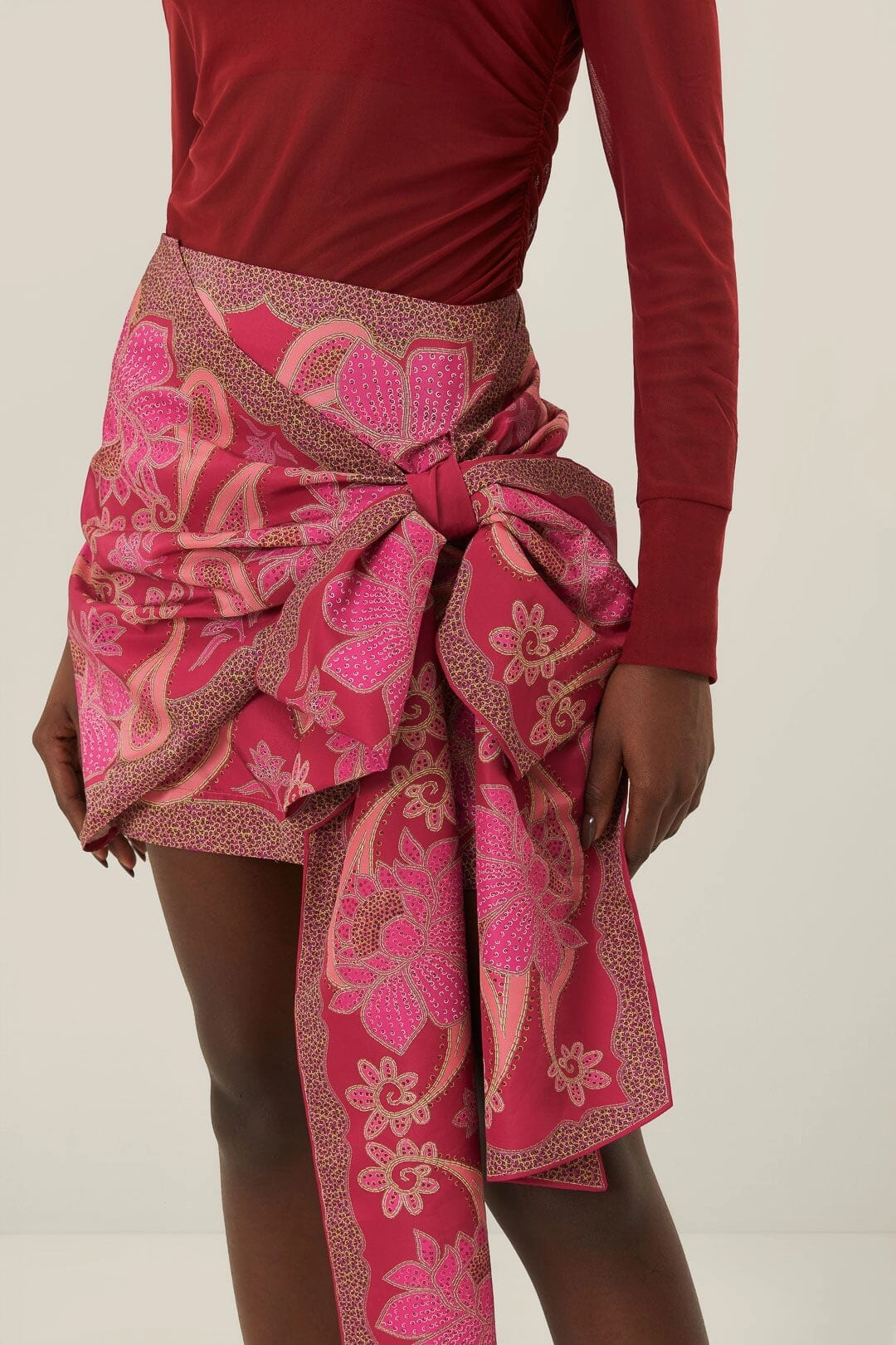 Red Floral Glam Scarf Tie Gathering Mini Skirt Water Resistant Linen blend