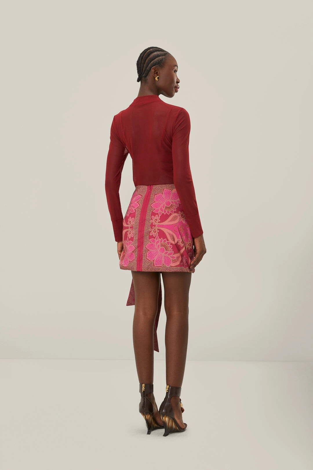 Adjustable Ties Red Floral Glam Scarf Tie Gathering Mini Skirt
