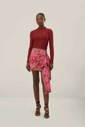 Reinforced Pockets Weekend Outfit Red Floral Glam Scarf Tie Gathering Mini Skirt