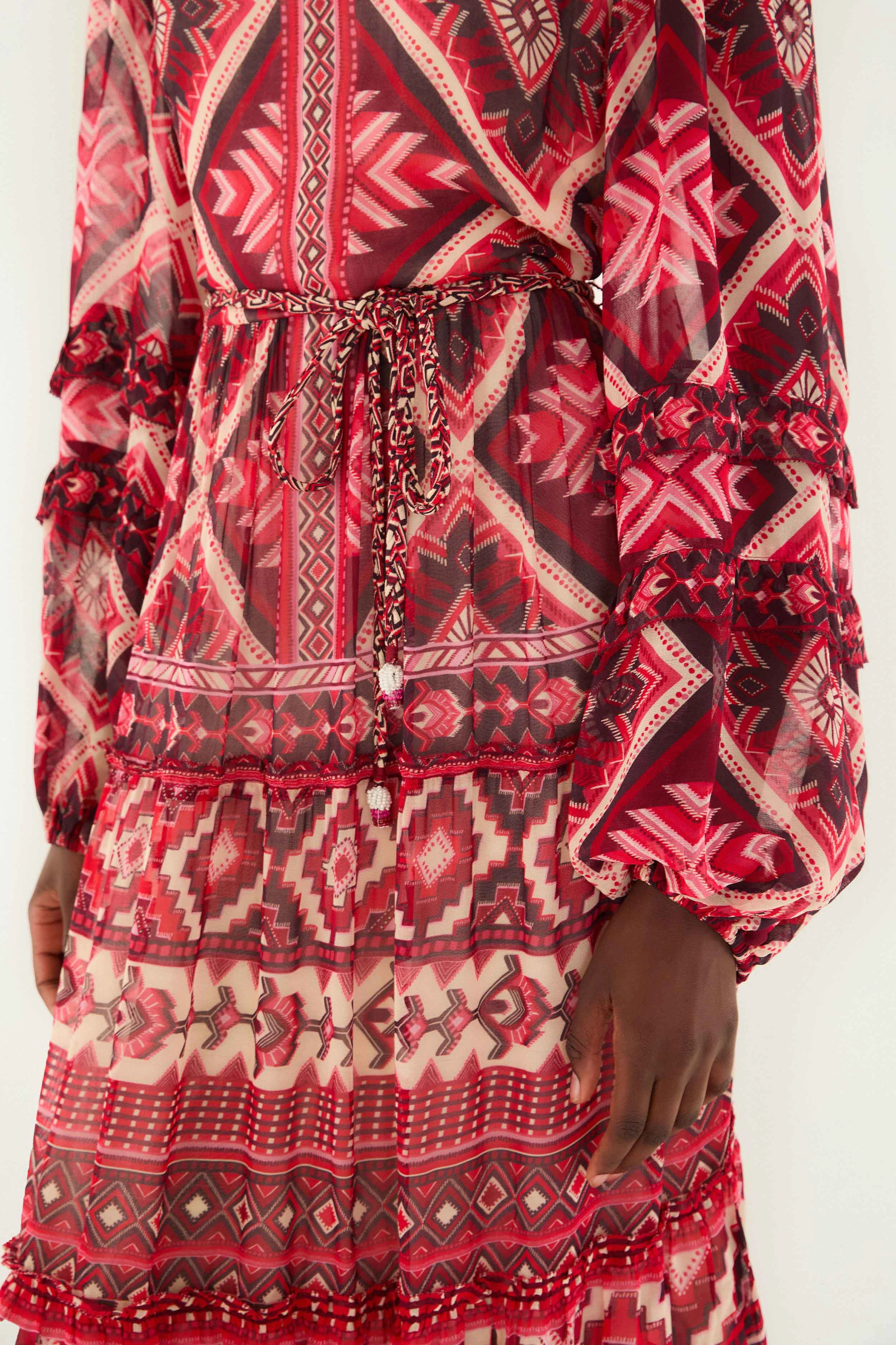 Trend Detail Resort Outfit Red Graphic Ainika Belted Tiered Maxi Dress Evening Charm