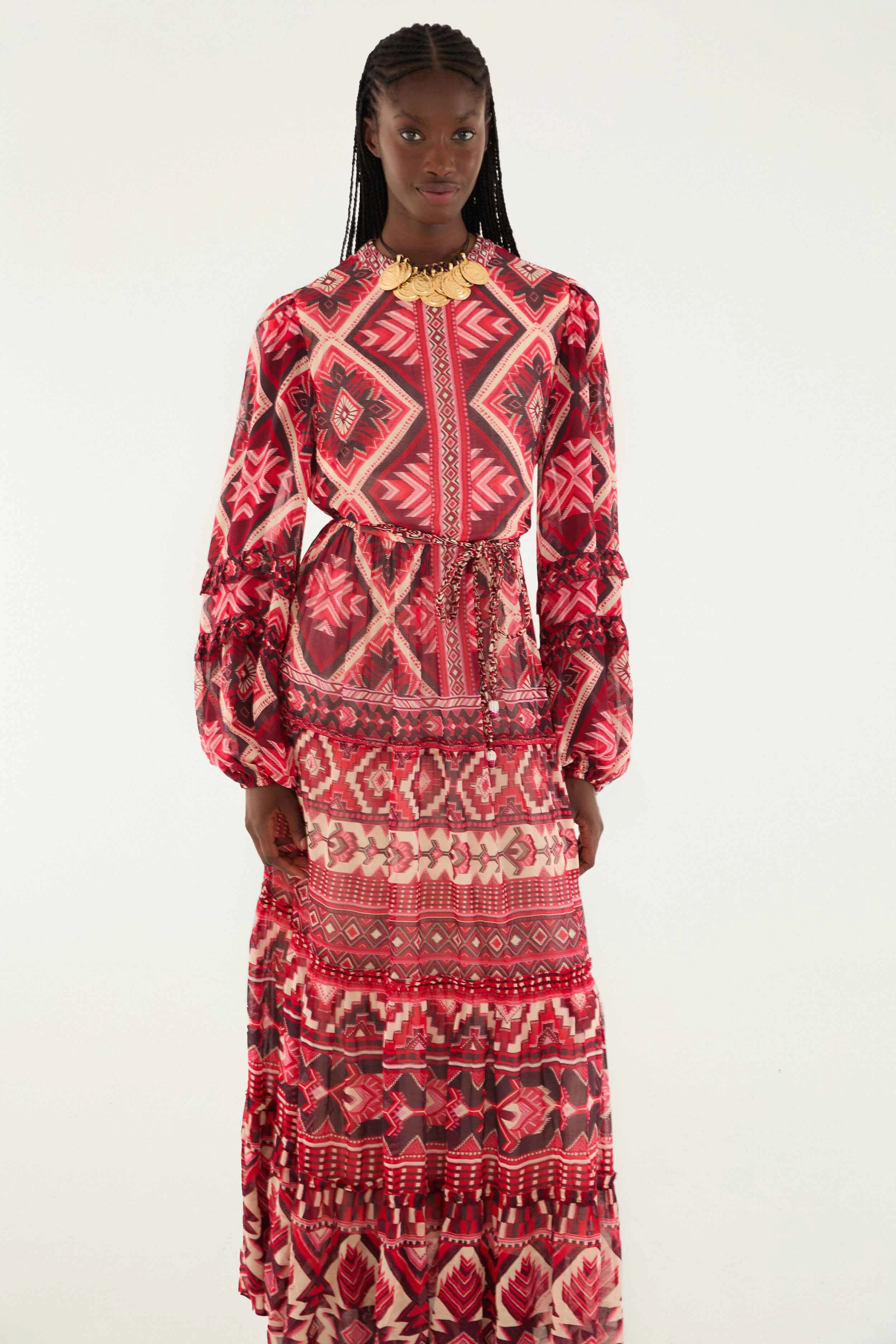 Red Graphic Ainika Belted Tiered Maxi Dress Evening Charm Vibrant Hue