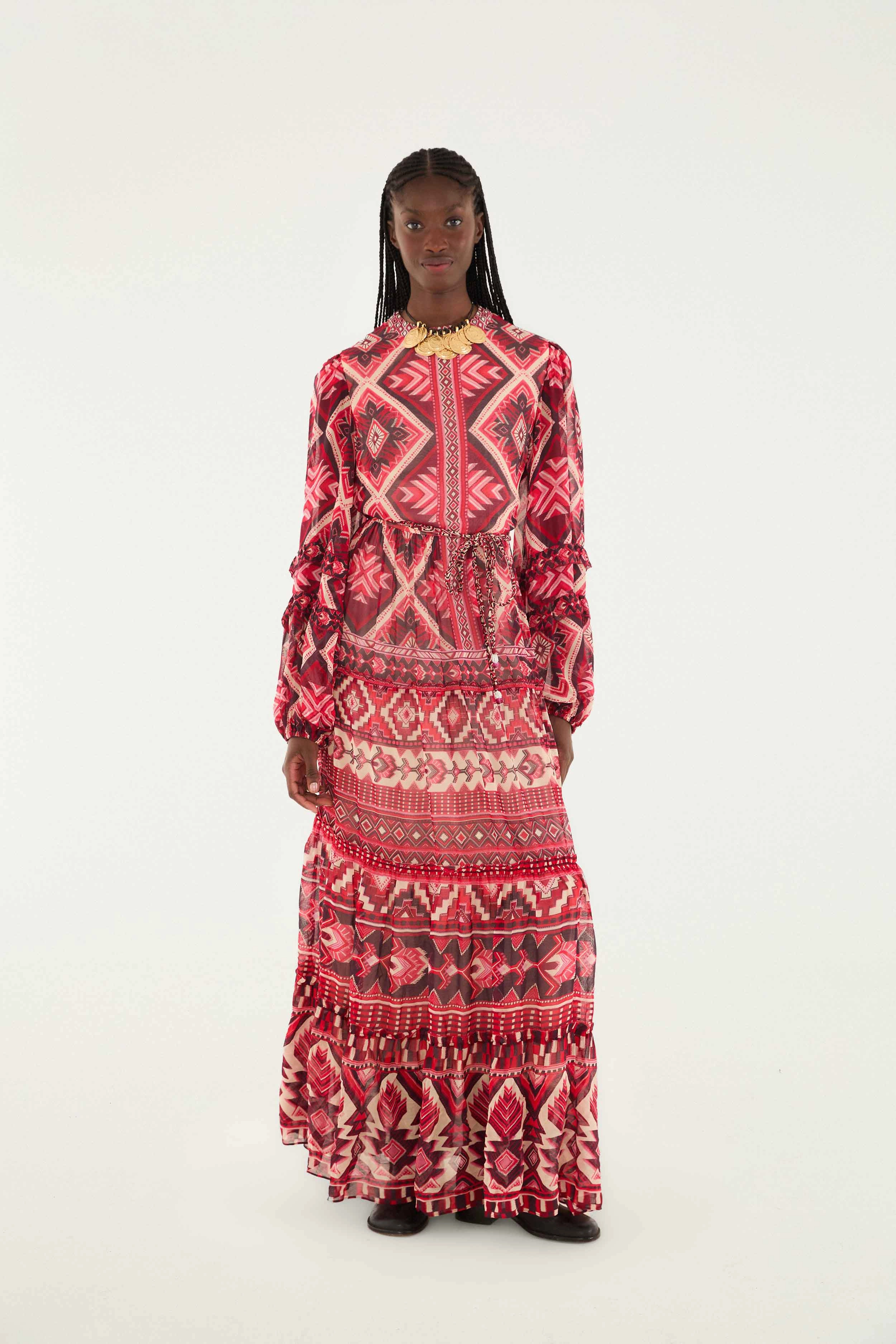 Contemporary Look Tall-Fit Red Graphic Ainika Belted Tiered Maxi Dress Evening Charm