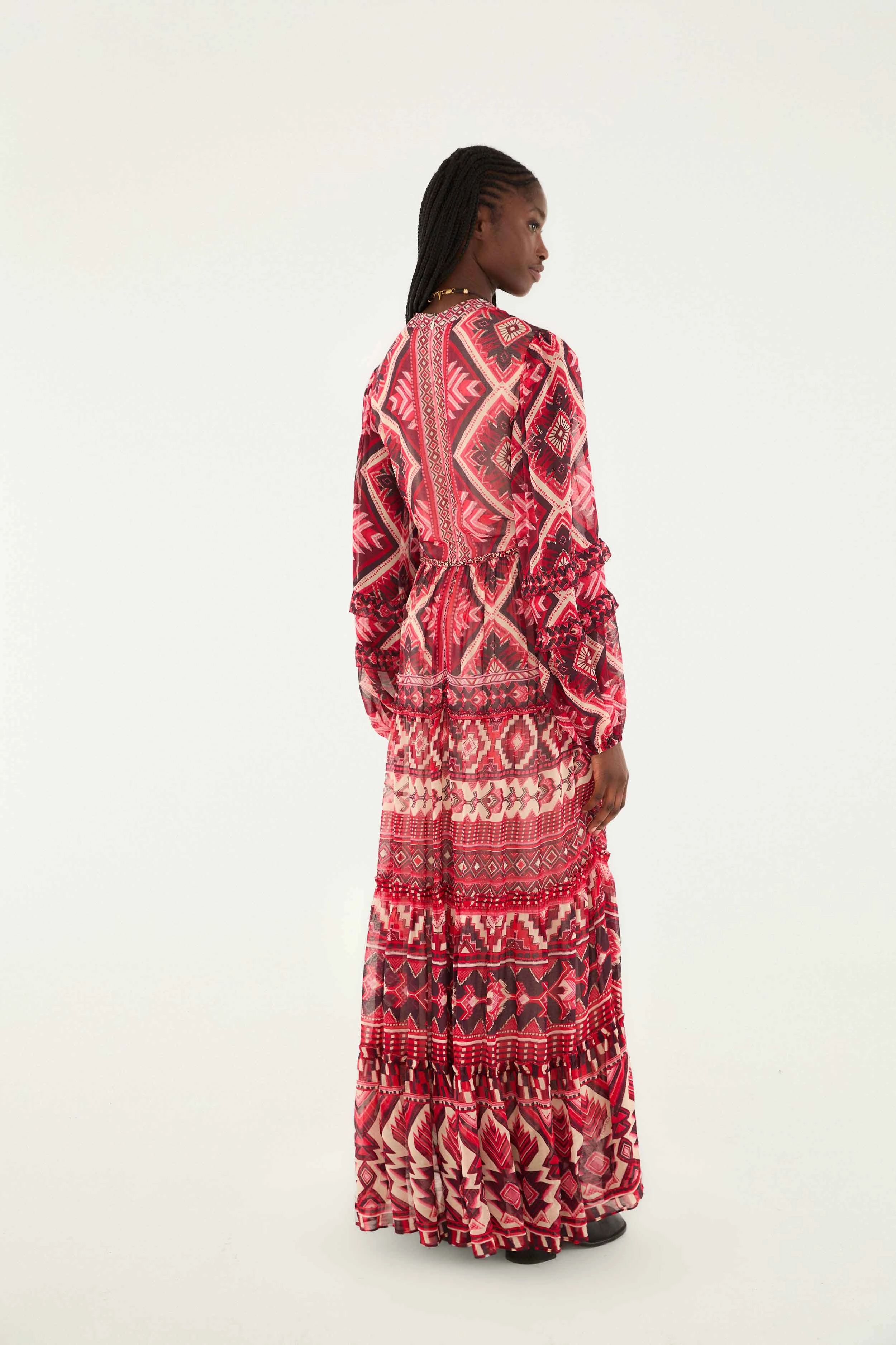 Minimalist fit-and-flare Mesh-Sleeve Red Graphic Ainika Belted Tiered Maxi Dress Evening Charm
