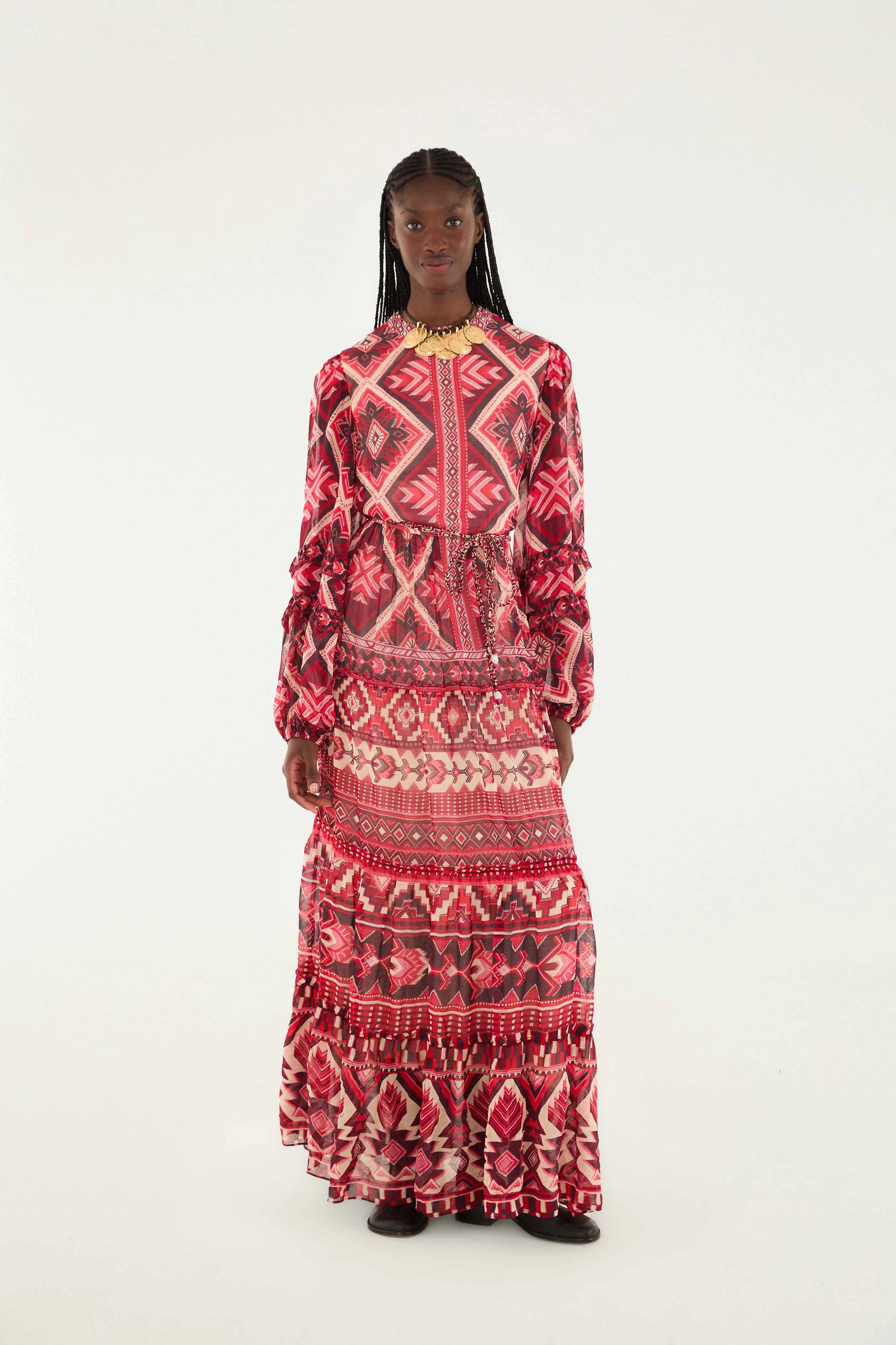 Open Design AntiStaticMaterial Red Graphic Ainika Belted Tiered Maxi Dress Evening Charm