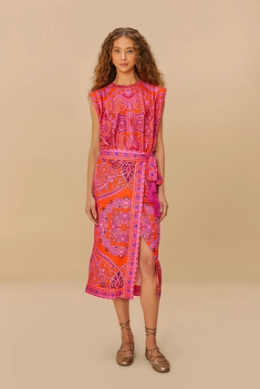 Layer Combo Bold Statement Red Paisley Scarf LENZING? ECOVERO? Viscose Midi Skirt