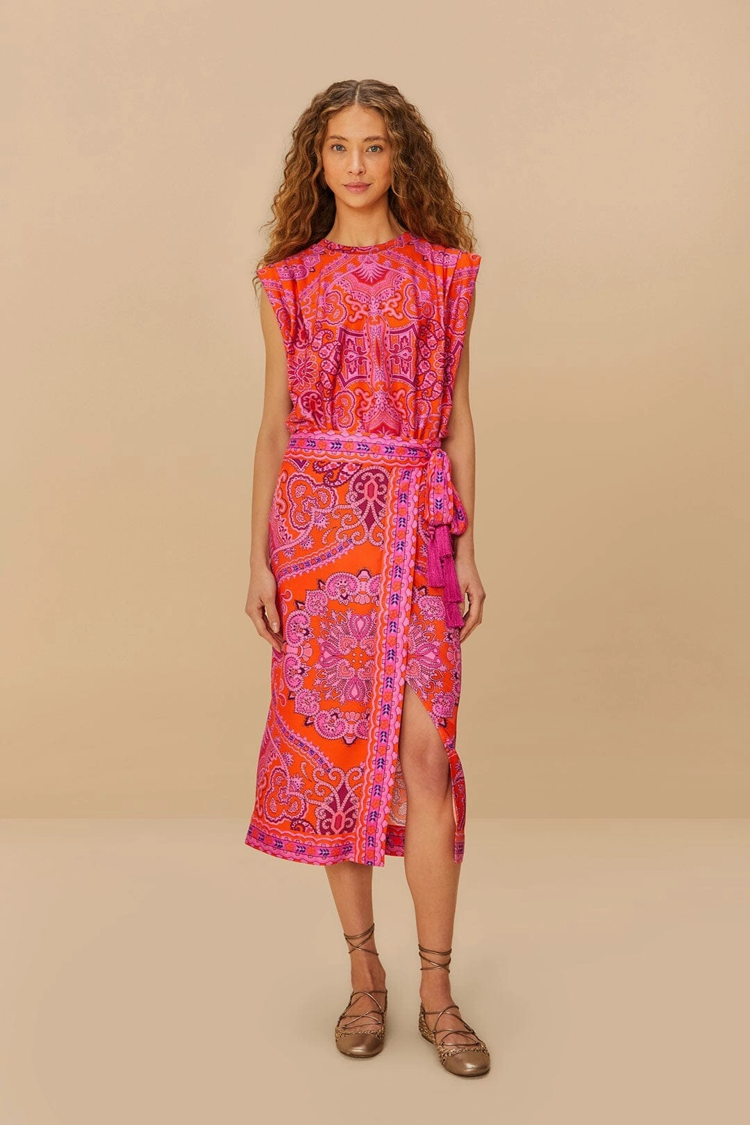 Neutral Look Red Paisley Scarf LENZING? ECOVERO? Viscose Midi Skirt
