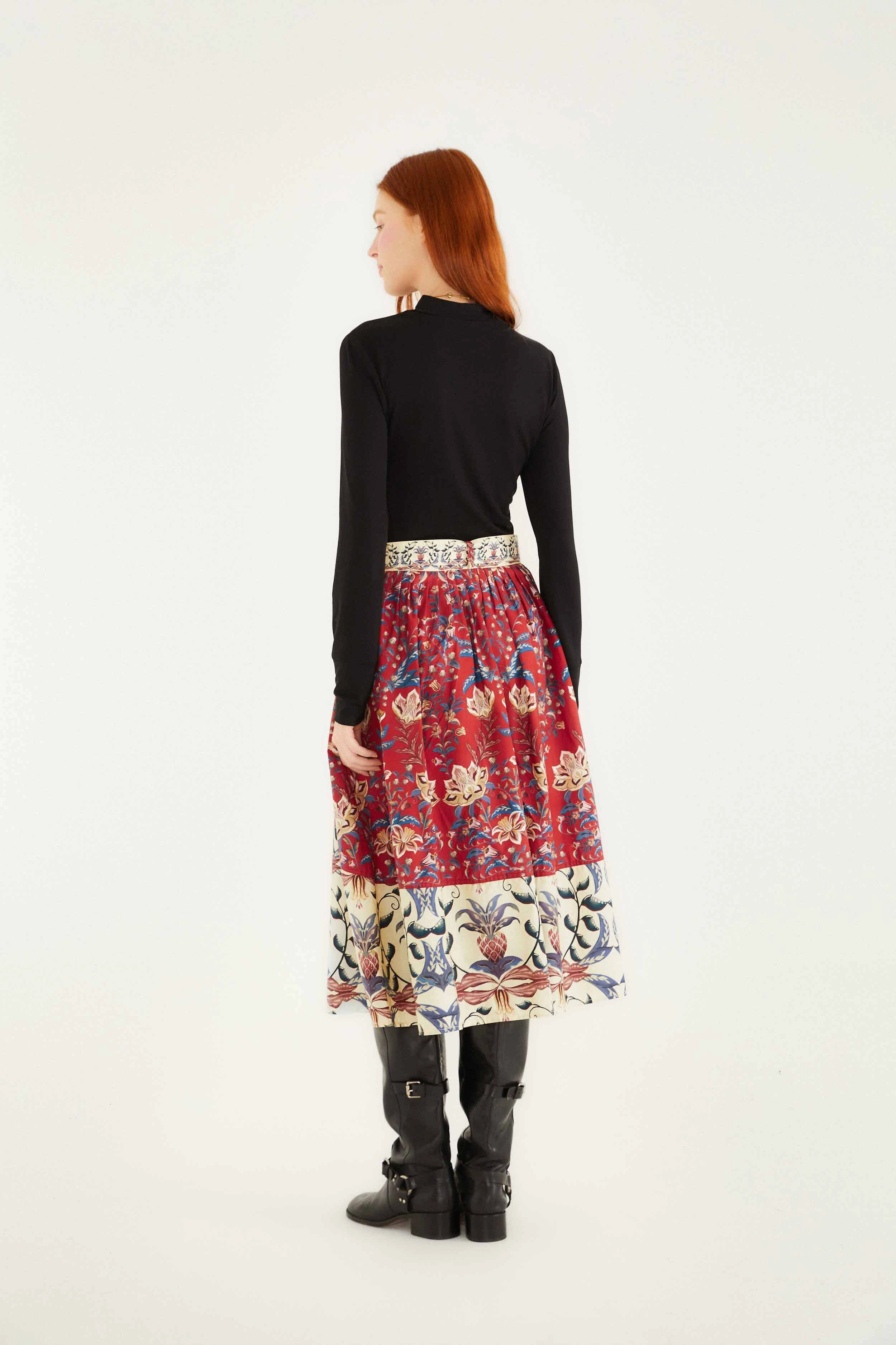 Red Winter Breeze Buttoned Belted Organic Cotton Midi Skirt Photoshoot Ready