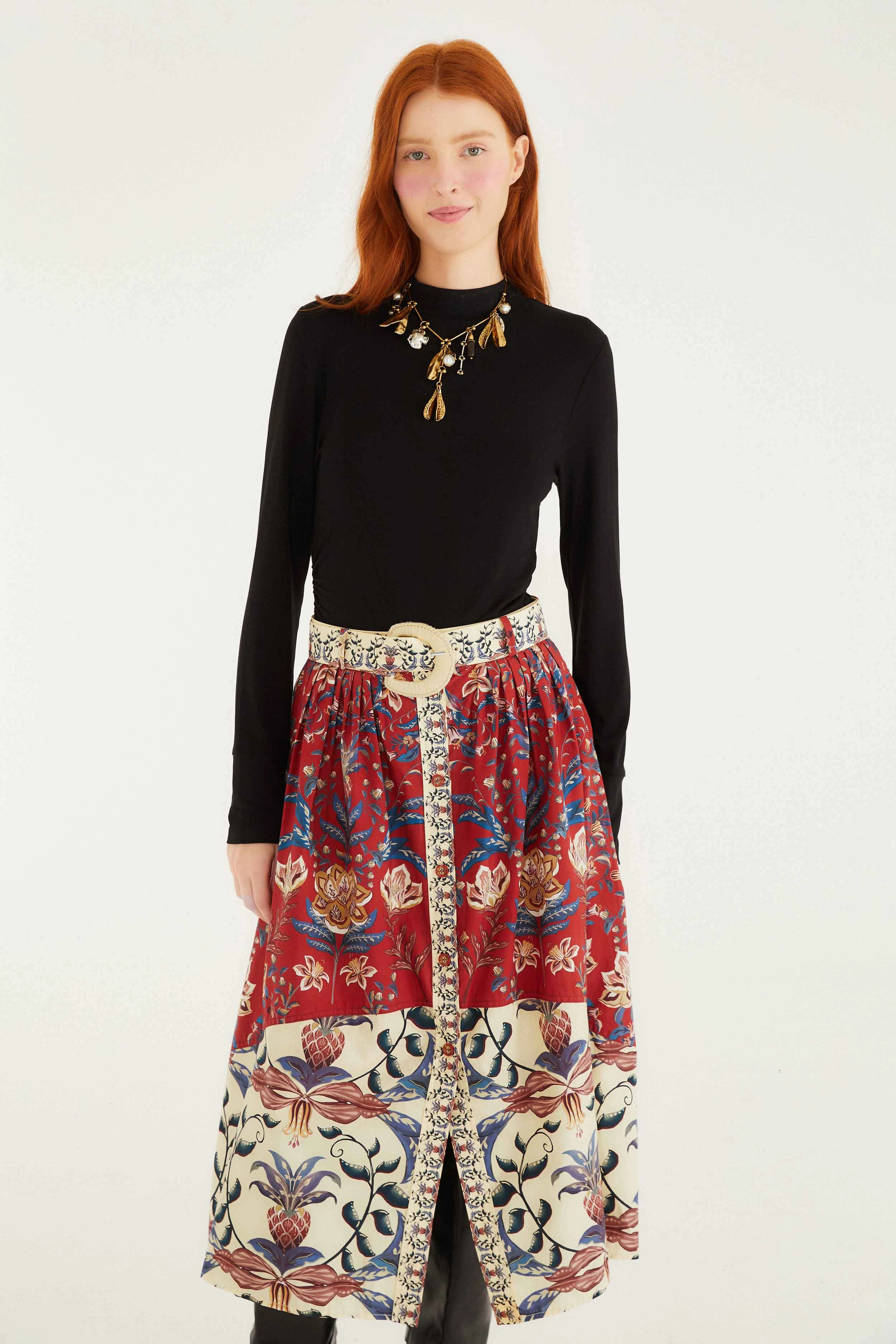 Red Winter Breeze Buttoned Belted Organic Cotton Midi Skirt Global Inspiration Elastic hemline