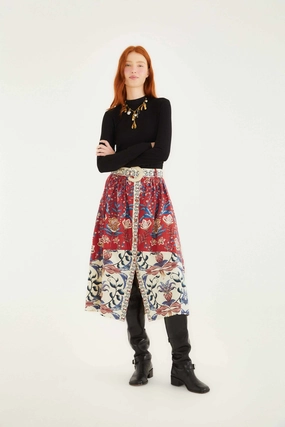 Fashion Energy City Ready Red Winter Breeze Buttoned Belted Organic Cotton Midi Skirt