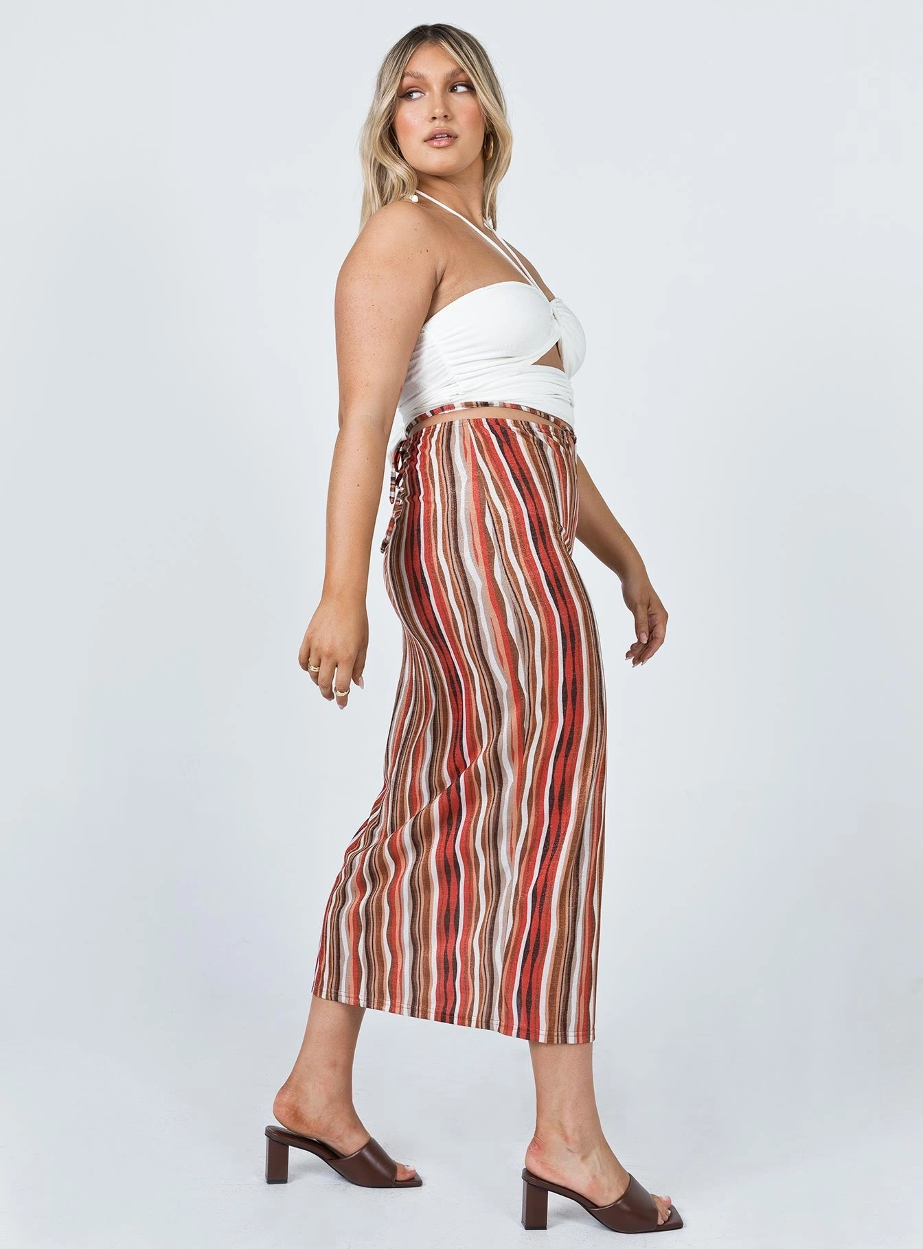 Wardrobe Classic Leather Look Molly Retro Stripe Midi Skirt Multi