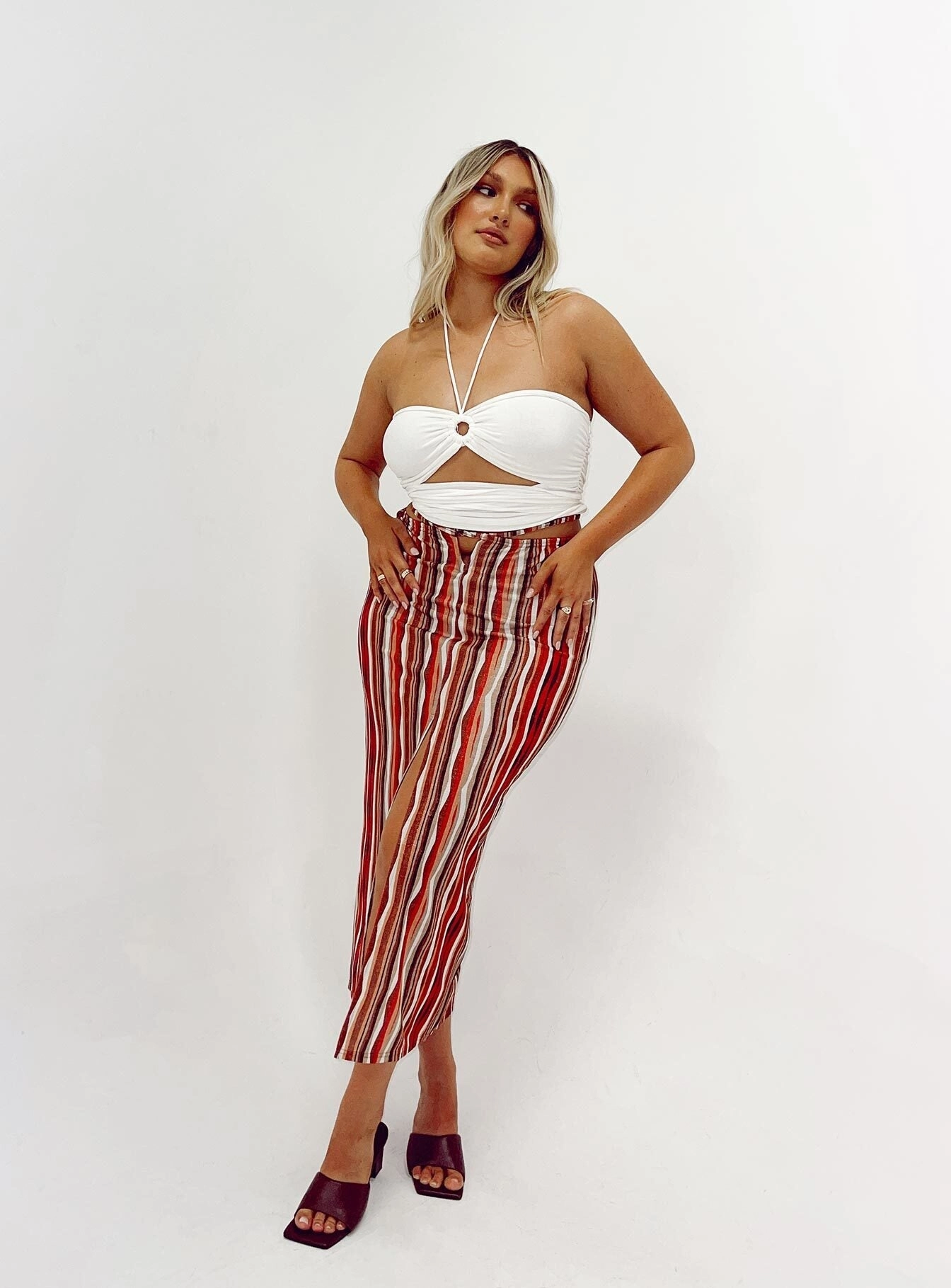 Laidback Feel Biodegradable Fabric Molly Retro Stripe Midi Skirt Multi