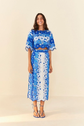 Structured Shape Editorial Look Blue Flower Stripes Midi Skirt