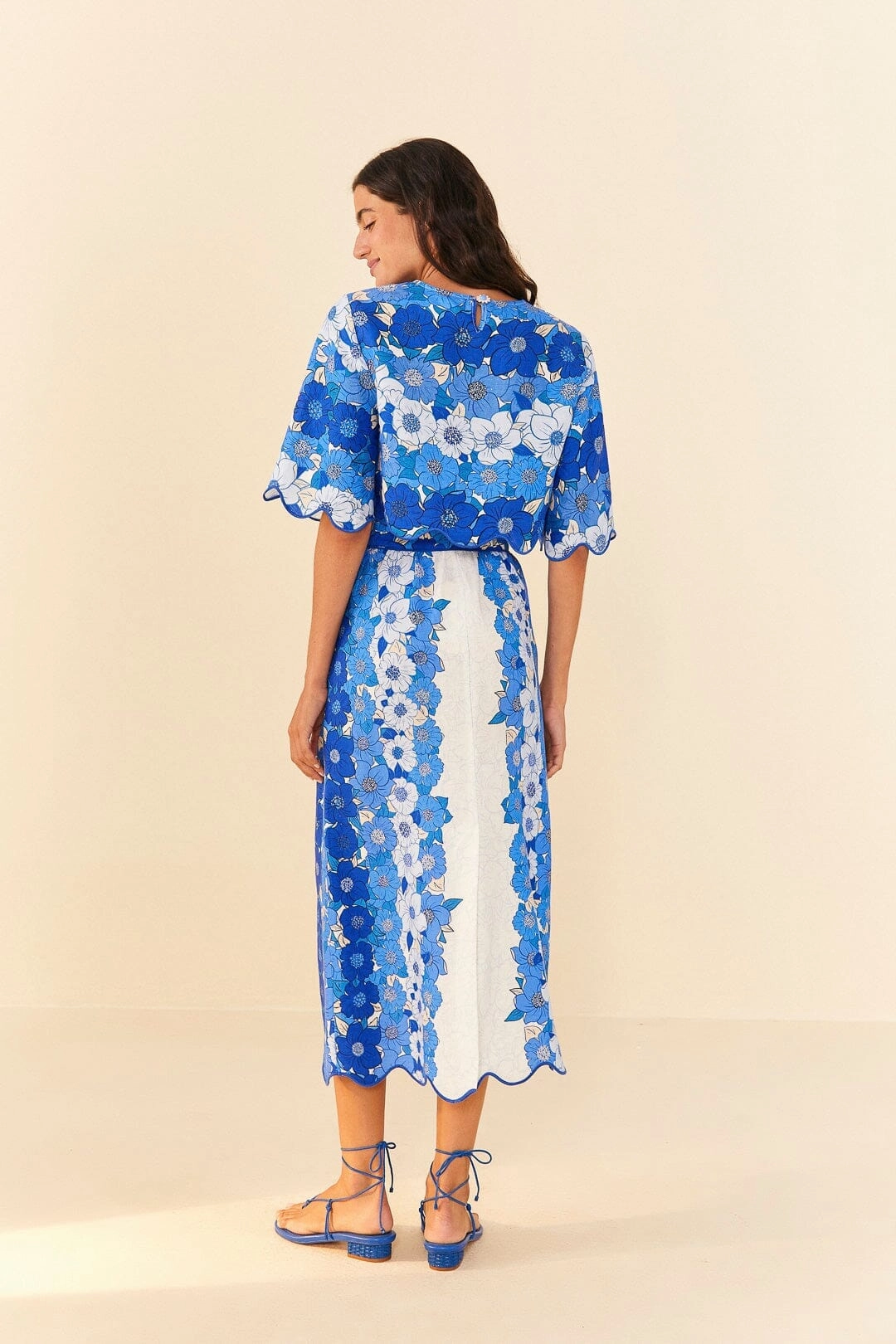 Hidden Zipper Travel Style Blue Flower Stripes Midi Skirt