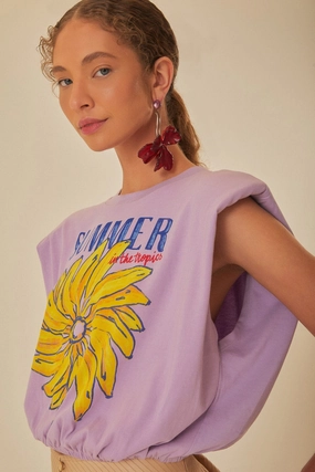 Lilac Summer In The Tropics Shoulder Pad Organic Cotton T-Shirt Sporty Top Ribbed collar