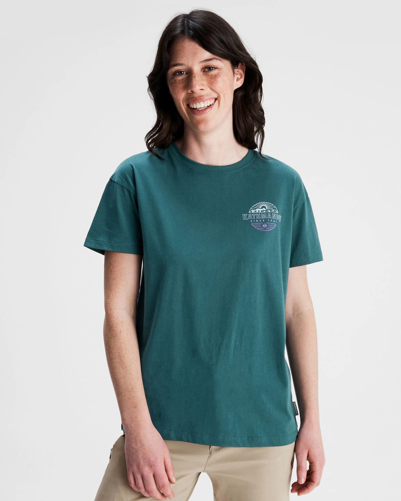 Casual Comfort Women's Kathmandu Logo Faded Organic Cotton T-shirt - Deep Lagoon