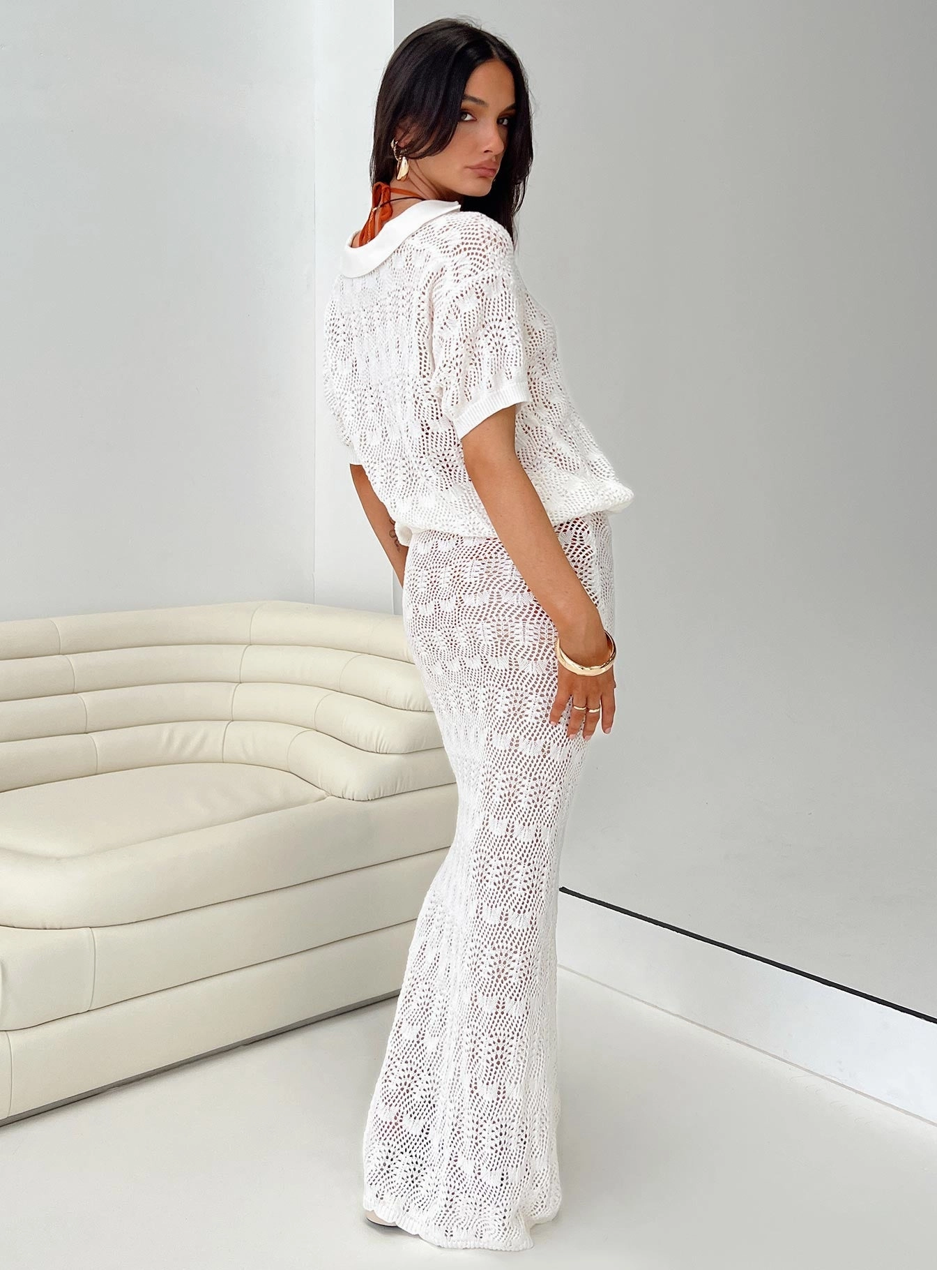 Vacation Knit Maxi Skirt White Linen blend Textured Surface