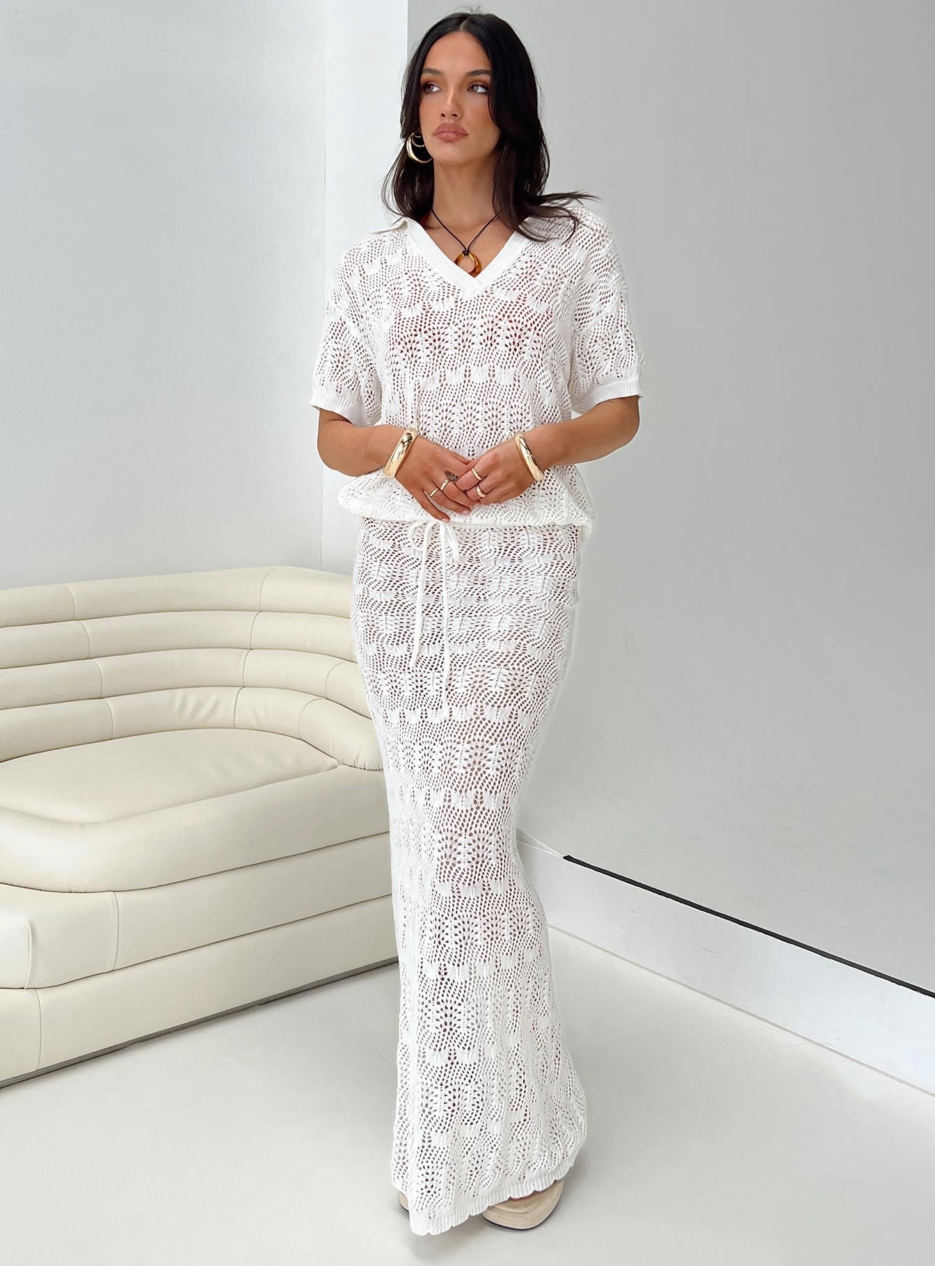 Vacation Knit Maxi Skirt White music concert