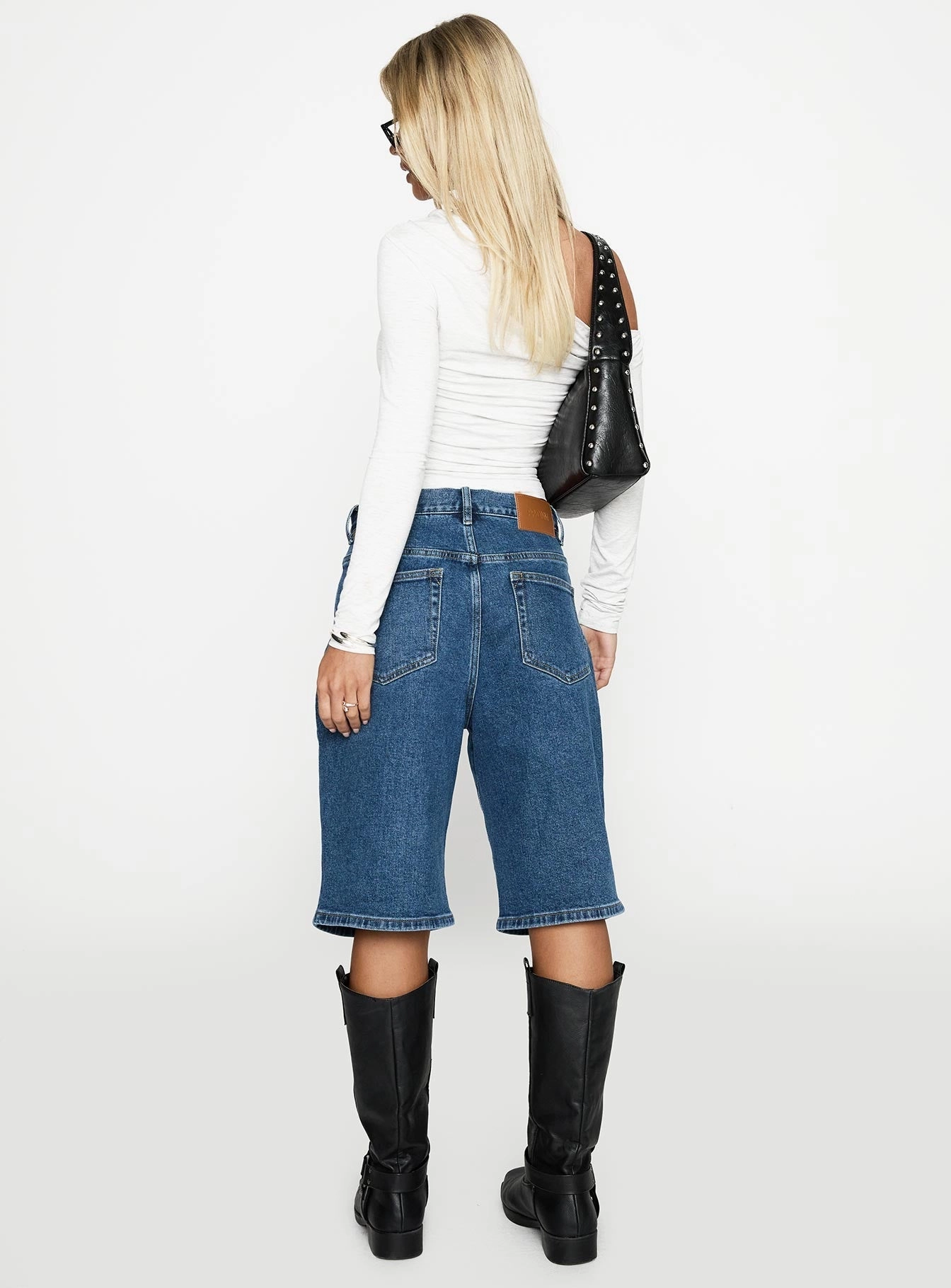 khaki shorts Retro Dream Mid Rise Longline Denim Shorts Mid Wash