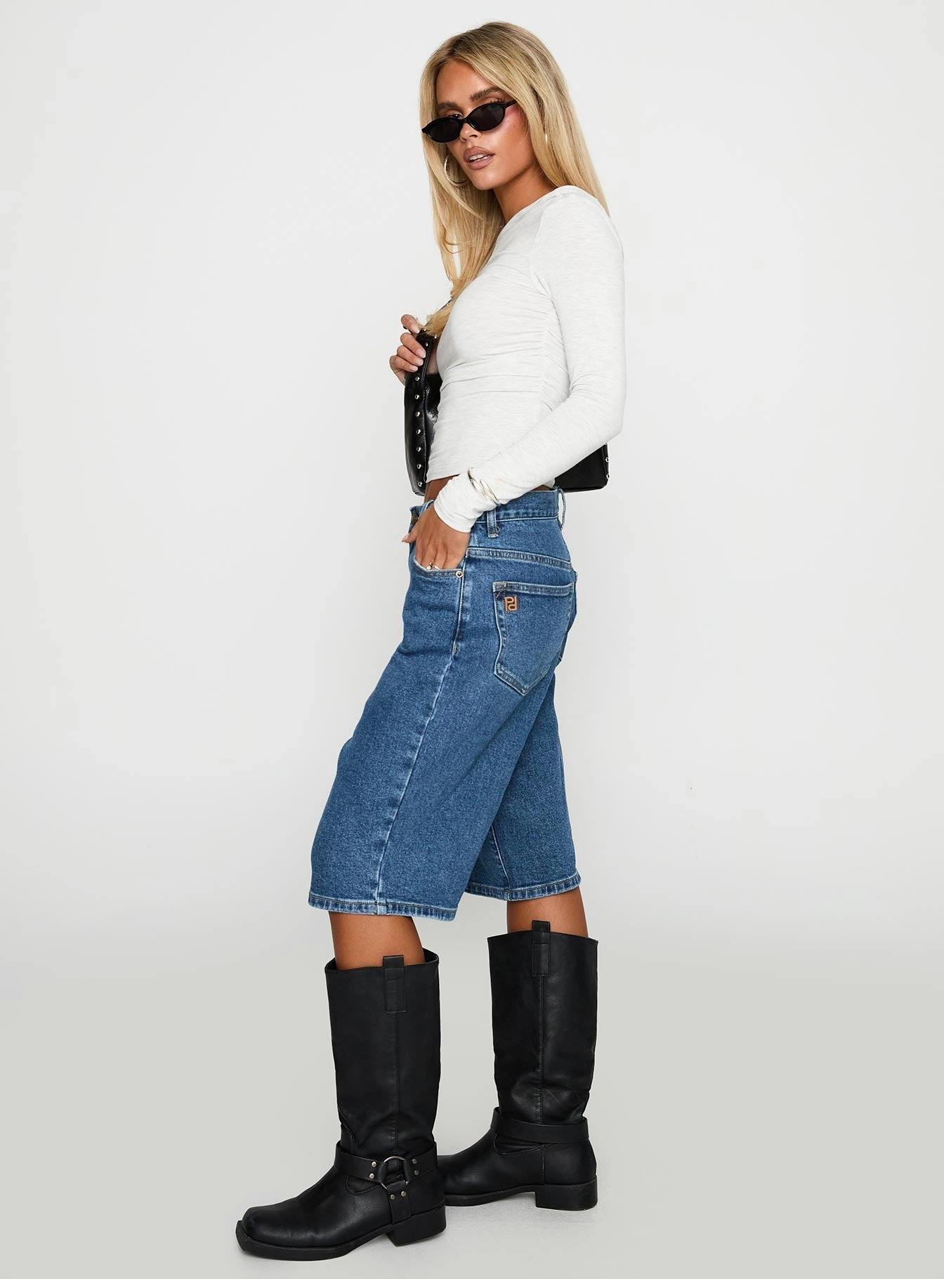 Retro Dream Mid Rise Longline Denim Shorts Mid Wash snap closure