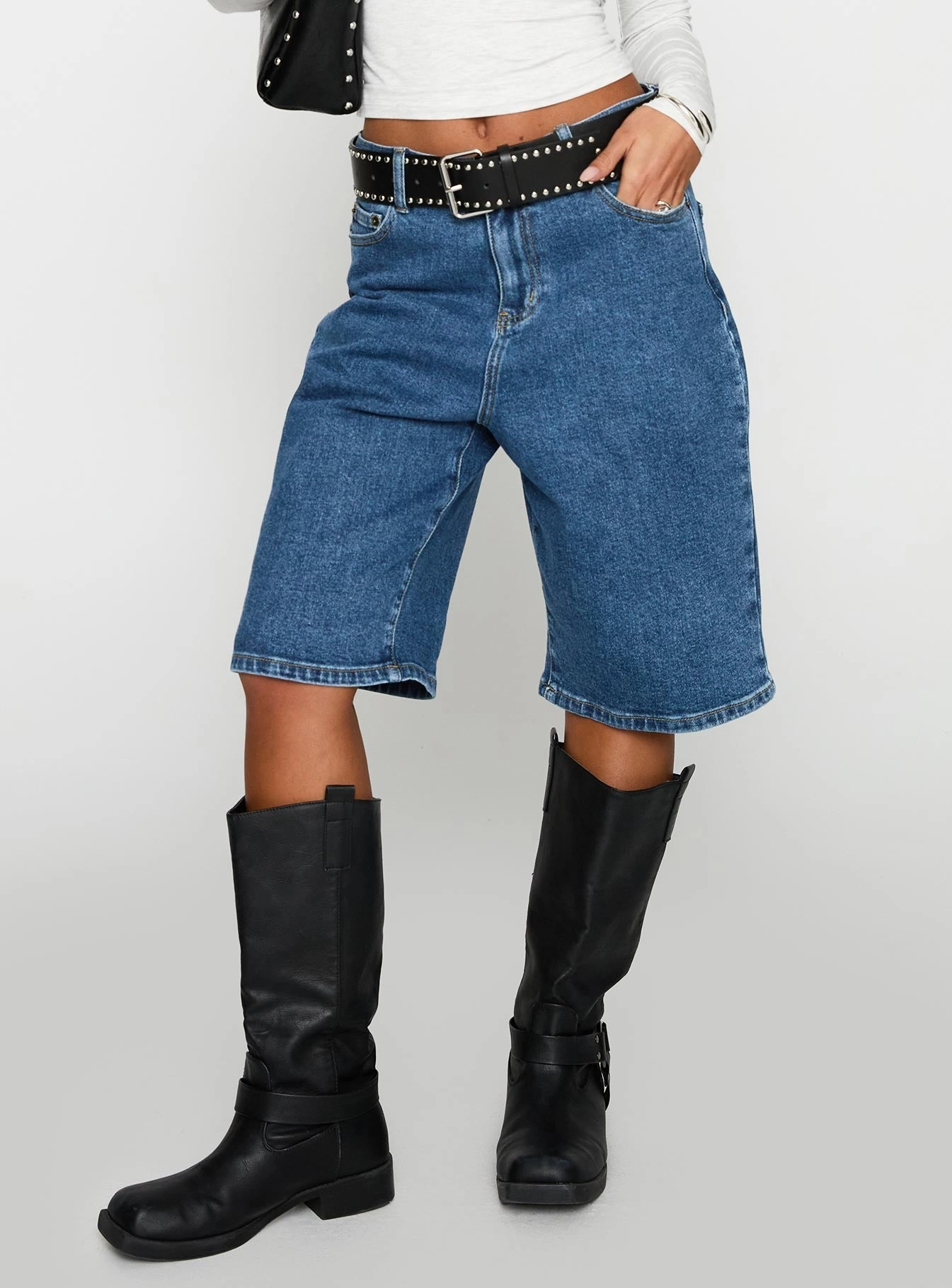 Retro Dream Mid Rise Longline Denim Shorts Mid Wash Go Casual