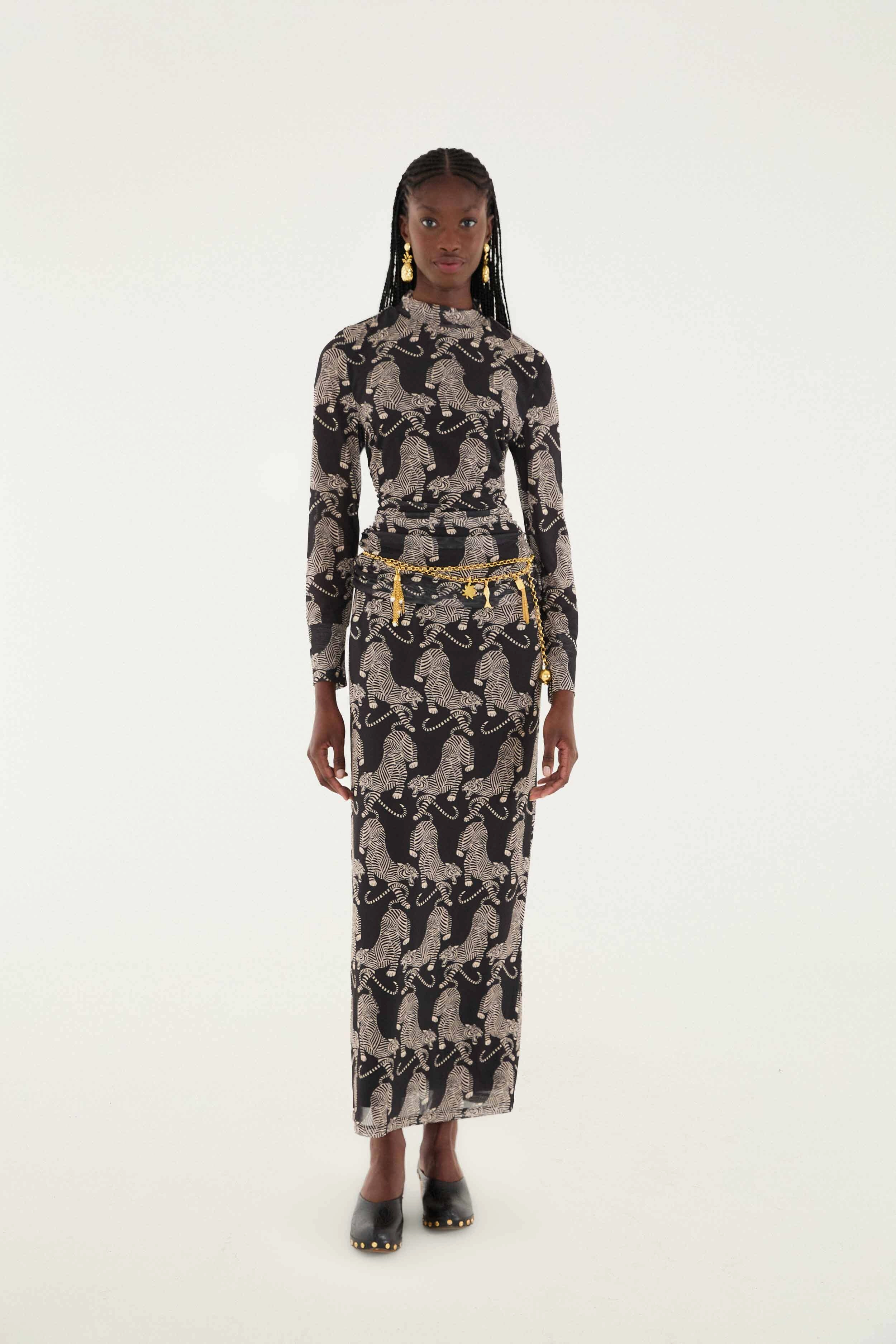 Wearable Art Black Striped Tigers Tulle Maxi Skirt