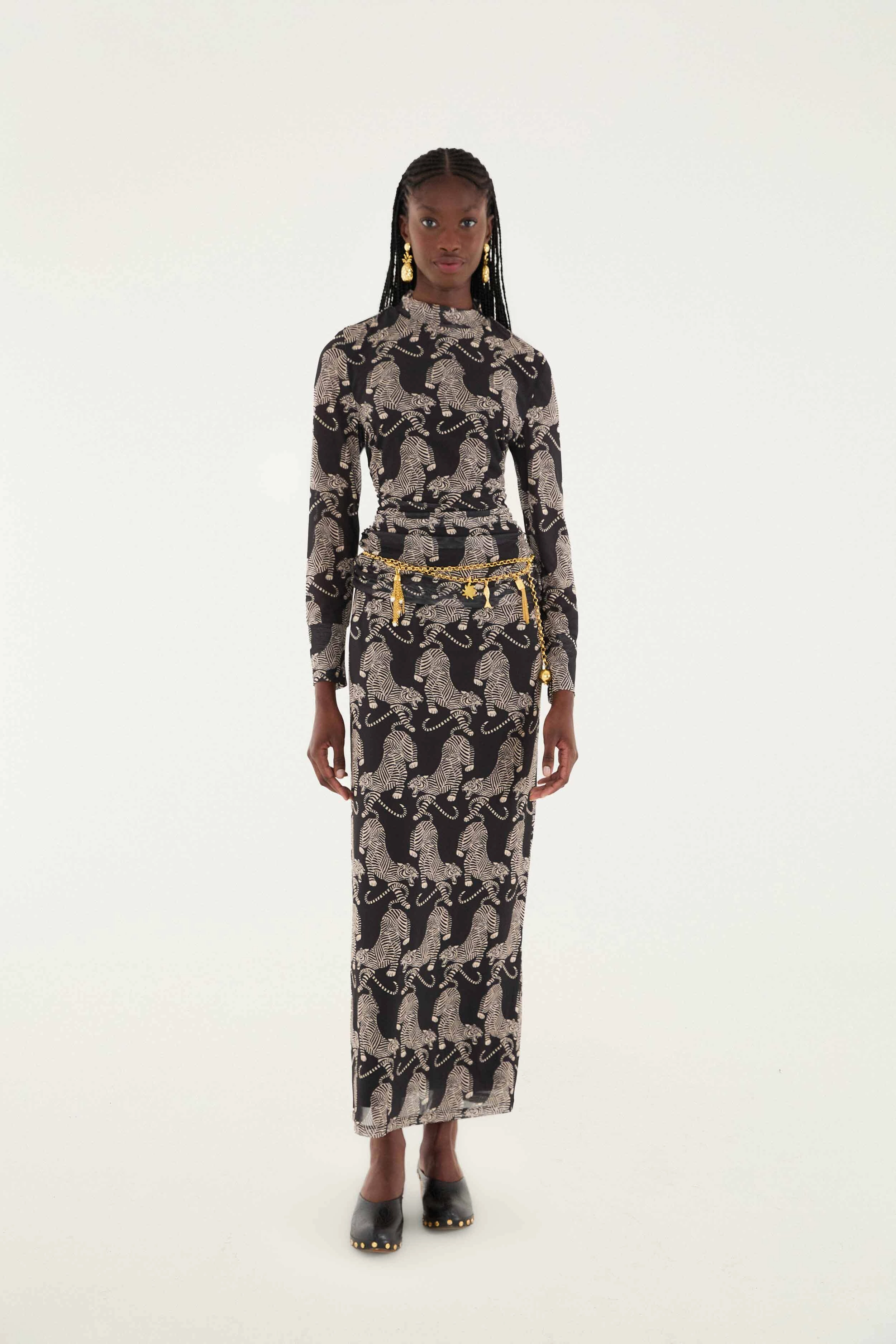 A line Black Striped Tigers Tulle Maxi Skirt