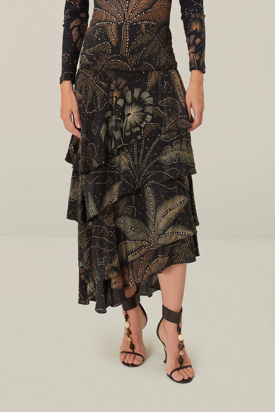 tech fabric Cool Touch Black Golden Foliage Ruffled Skirt