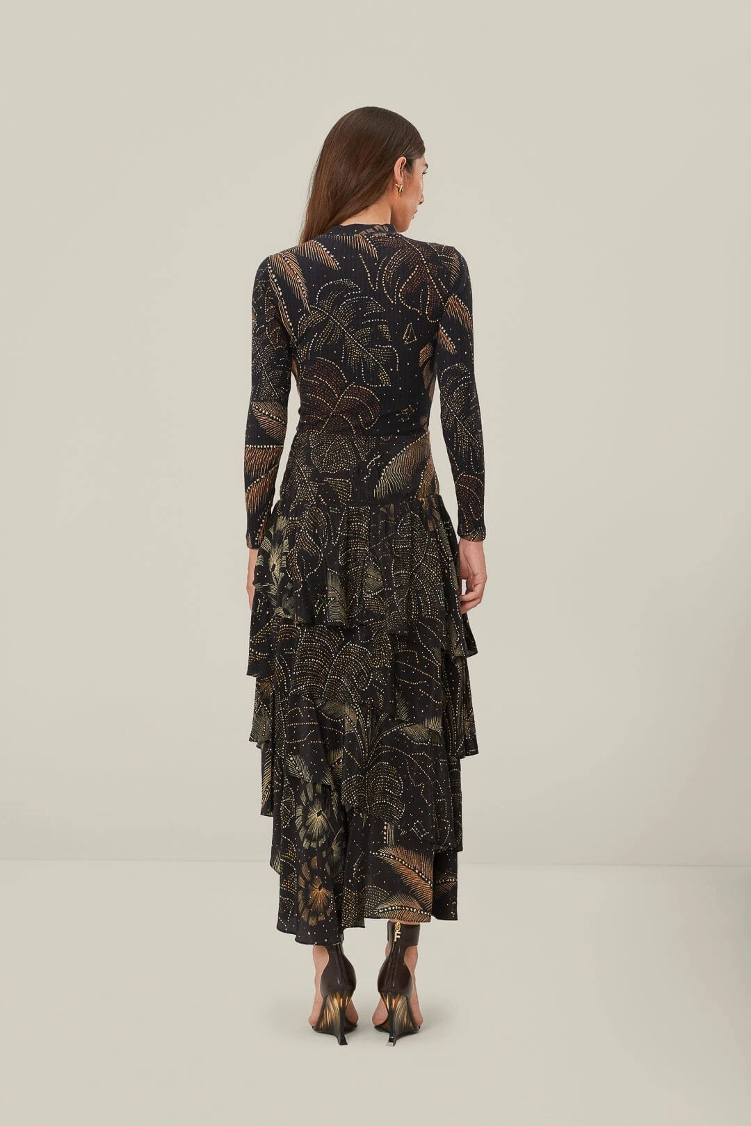 Two Tone Trim Black Golden Foliage Ruffled Skirt
