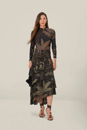 Black Golden Foliage Ruffled Skirt Cozy Tones