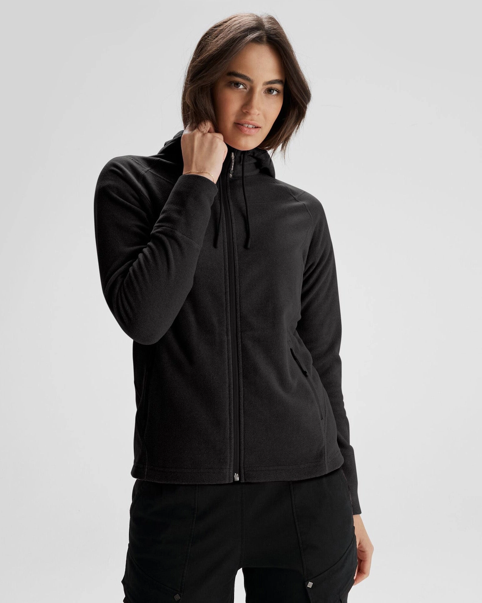 Women's Mt Aspiring Hooded Fleece Jacket  - Black Stingray Double Layered Fabric Flexible Hood Design