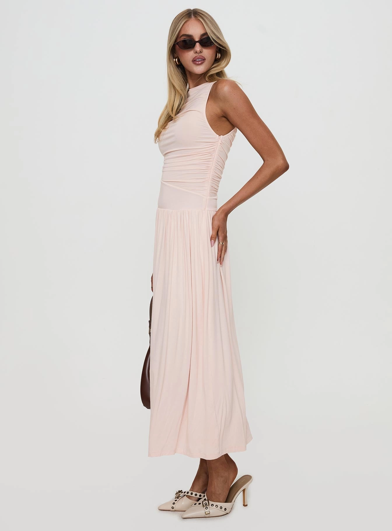 Reveur Ruched Maxi Dress Pink Soft Hue Sleek Silhouette