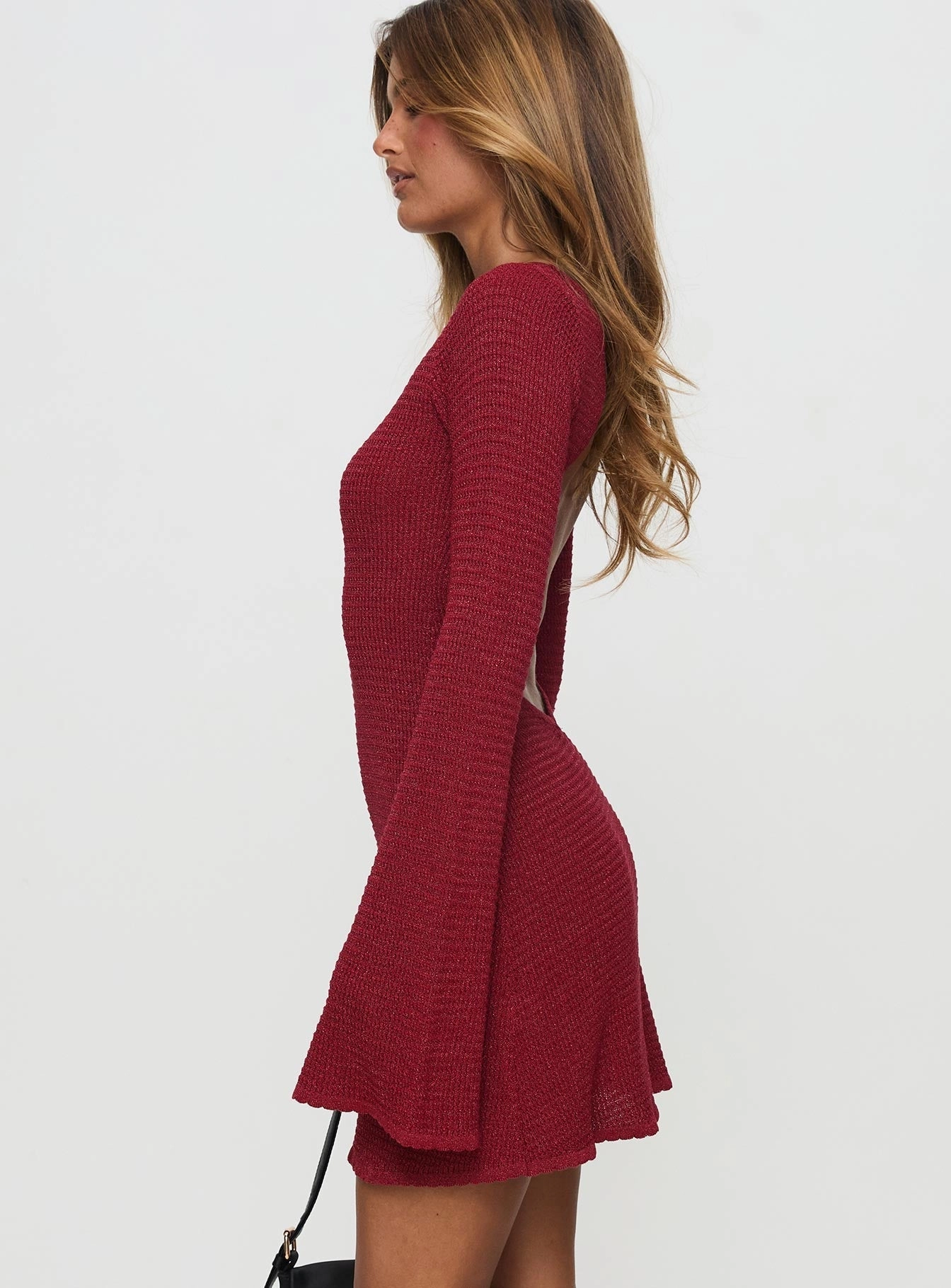 Breathable Lace Ease Rhapsody Long Sleeve Knit Mini Dress Red