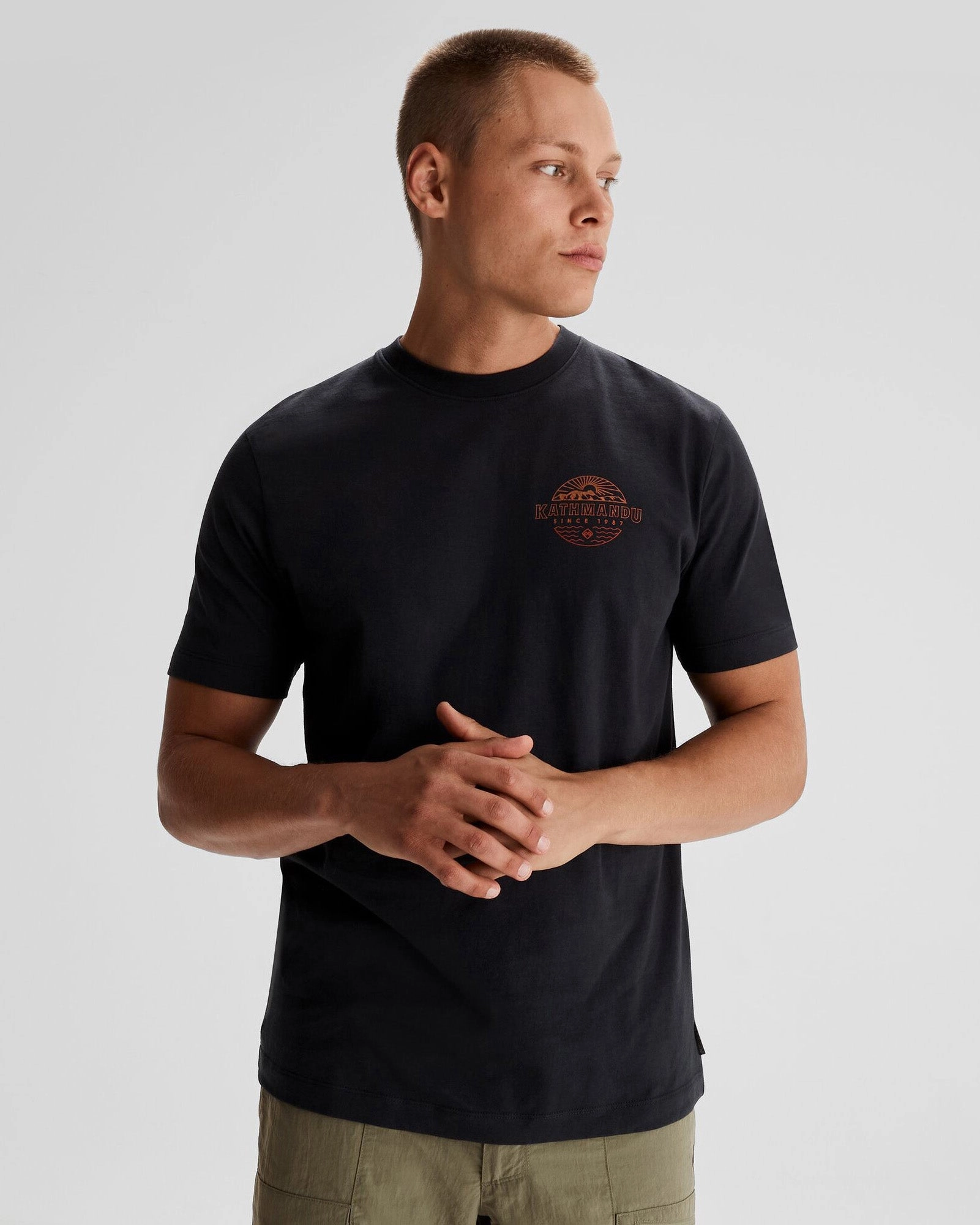 Men's Kathmandu Logo Faded Organic Cotton T-shirt - Black Pocket Reinforcement black friday