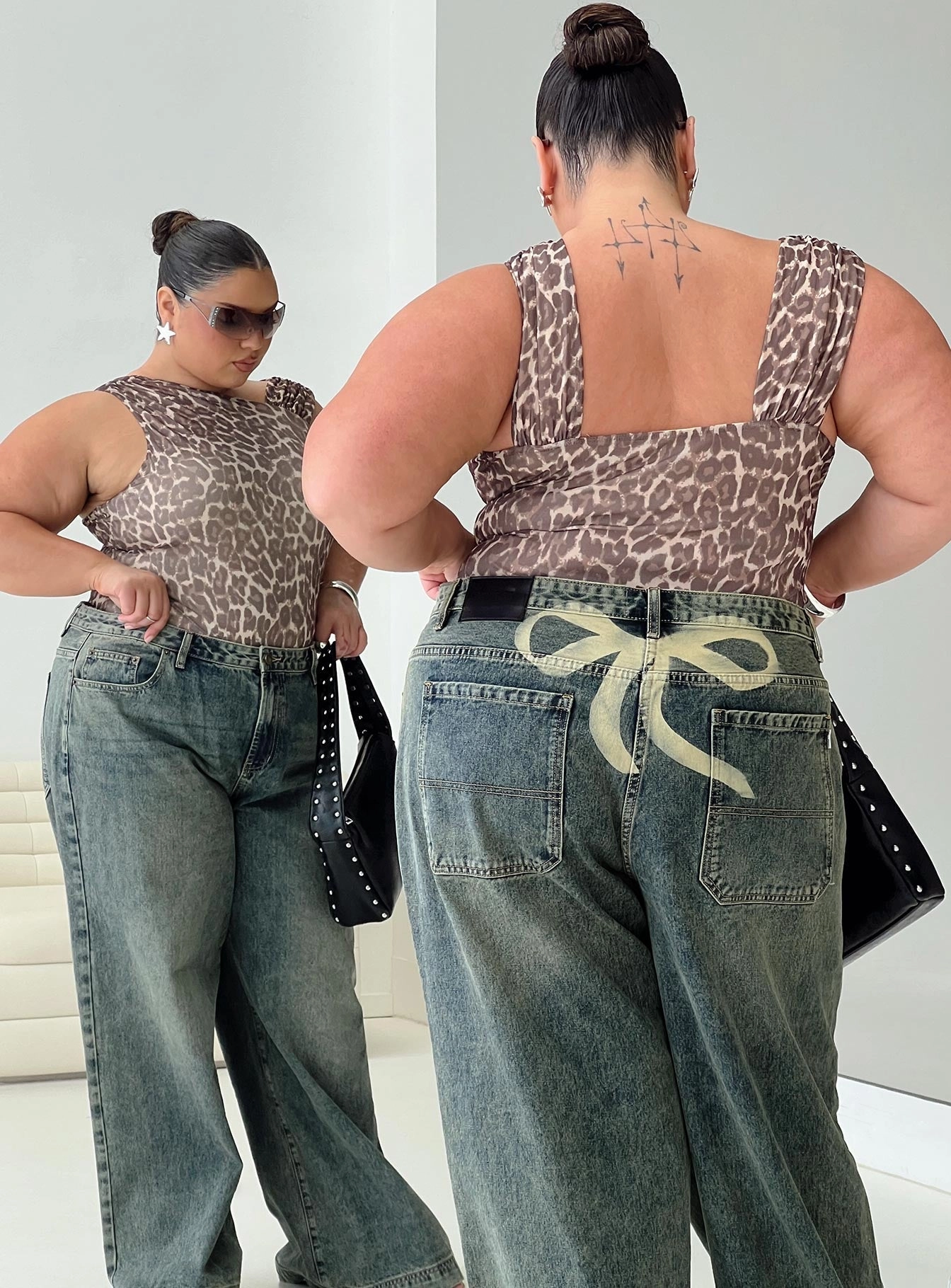 Calm Aesthetic Ribbon Stamp Low Rise Wide Leg Jeans Antique Wash Curve