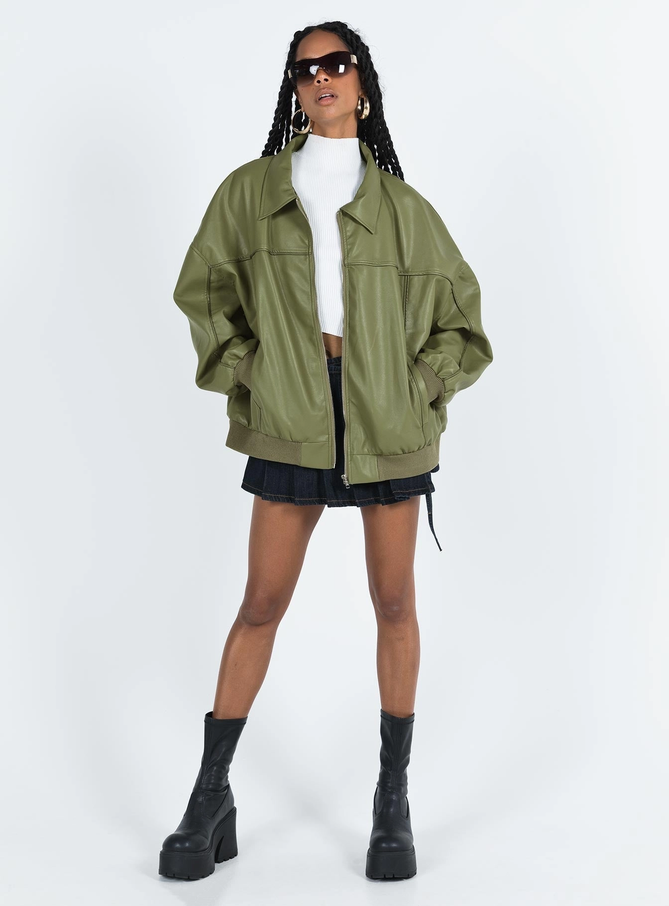 Neutral Fit Design Goldsmith Faux Leather Bomber Jacket Green